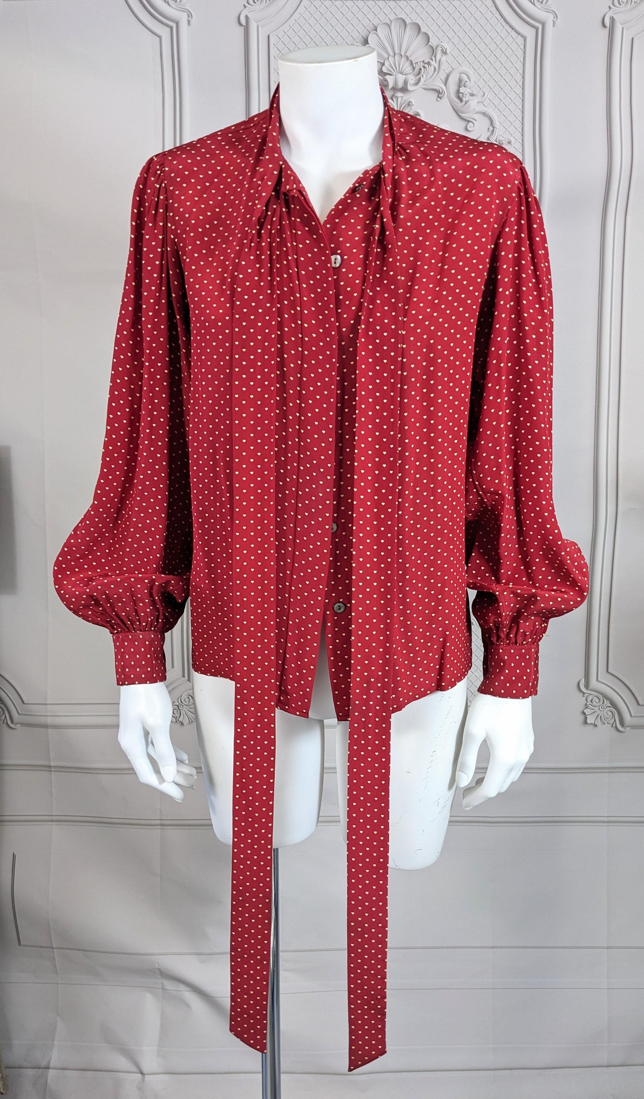 Early Yves Saint Laurent Heart Print Bow Blouse In Good Condition For Sale In New York, NY