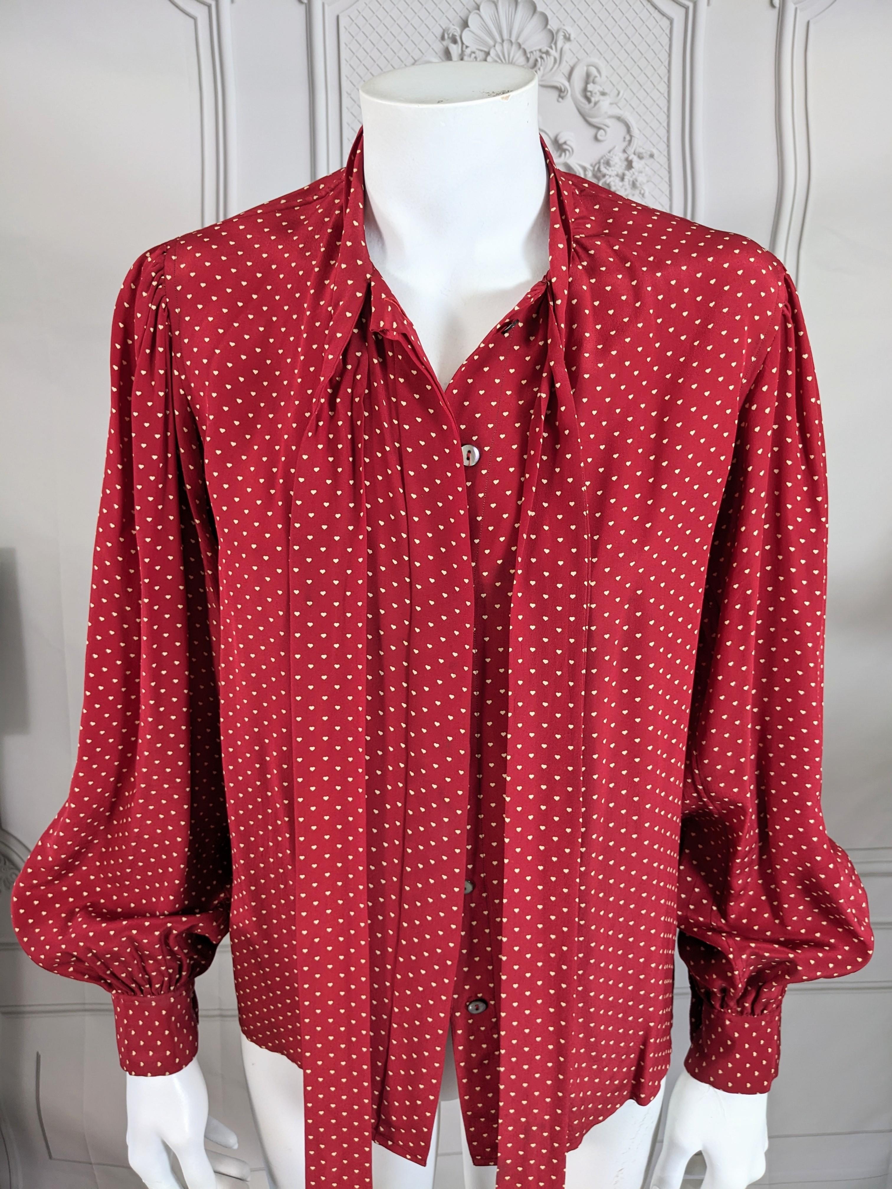 Women's or Men's Early Yves Saint Laurent Heart Print Bow Blouse For Sale