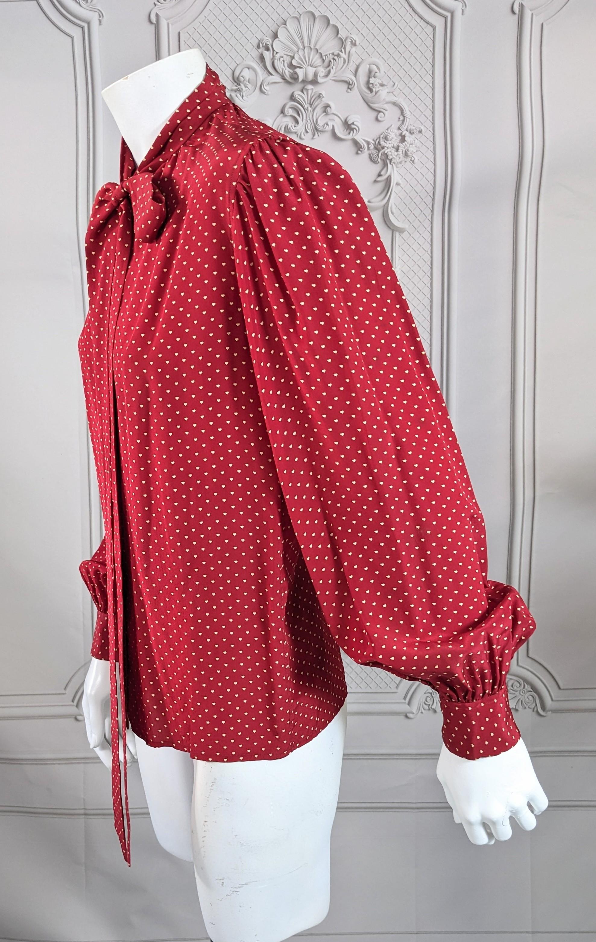 Early Yves Saint Laurent Heart Print Bow Blouse For Sale 1