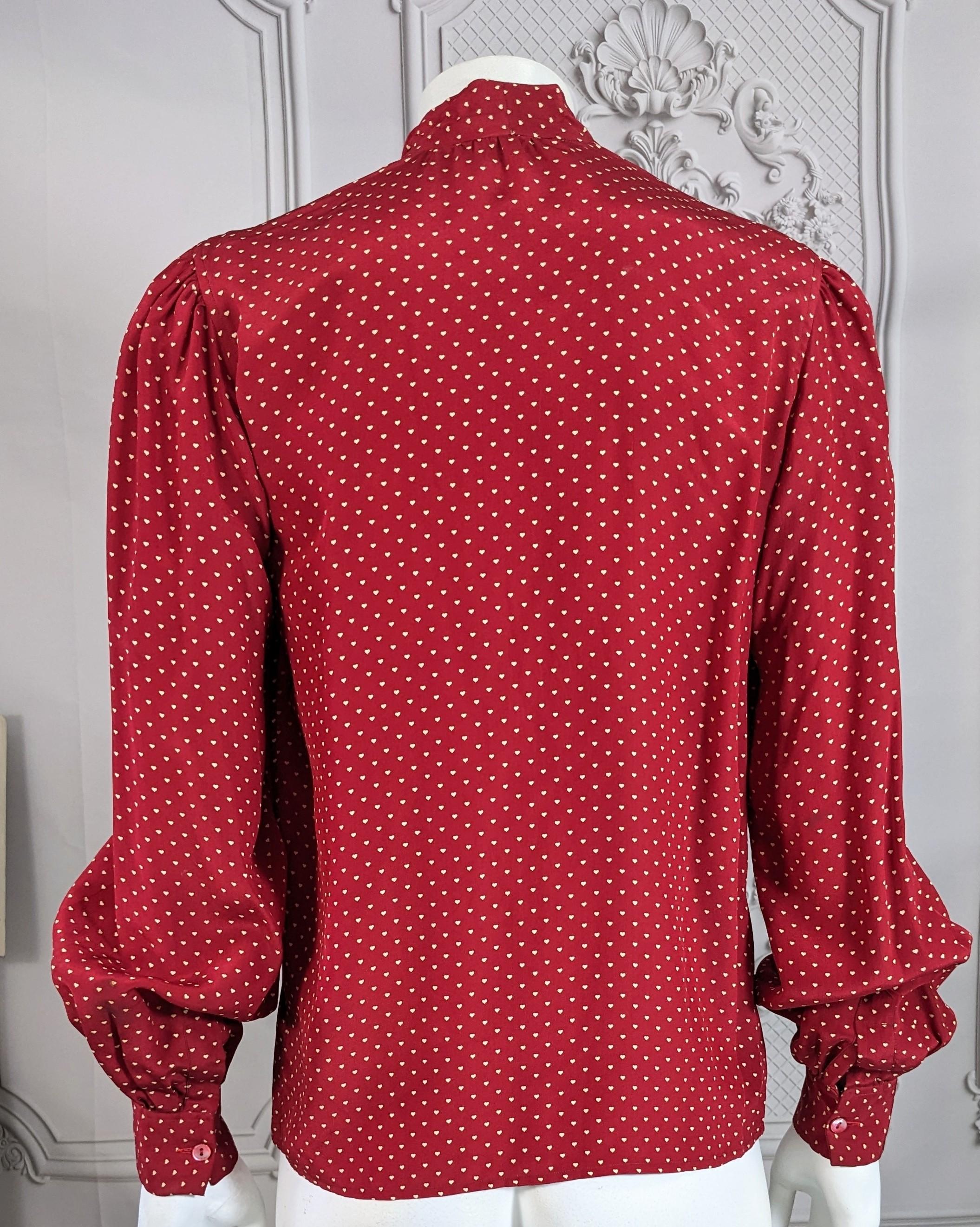 Early Yves Saint Laurent Heart Print Bow Blouse For Sale 2