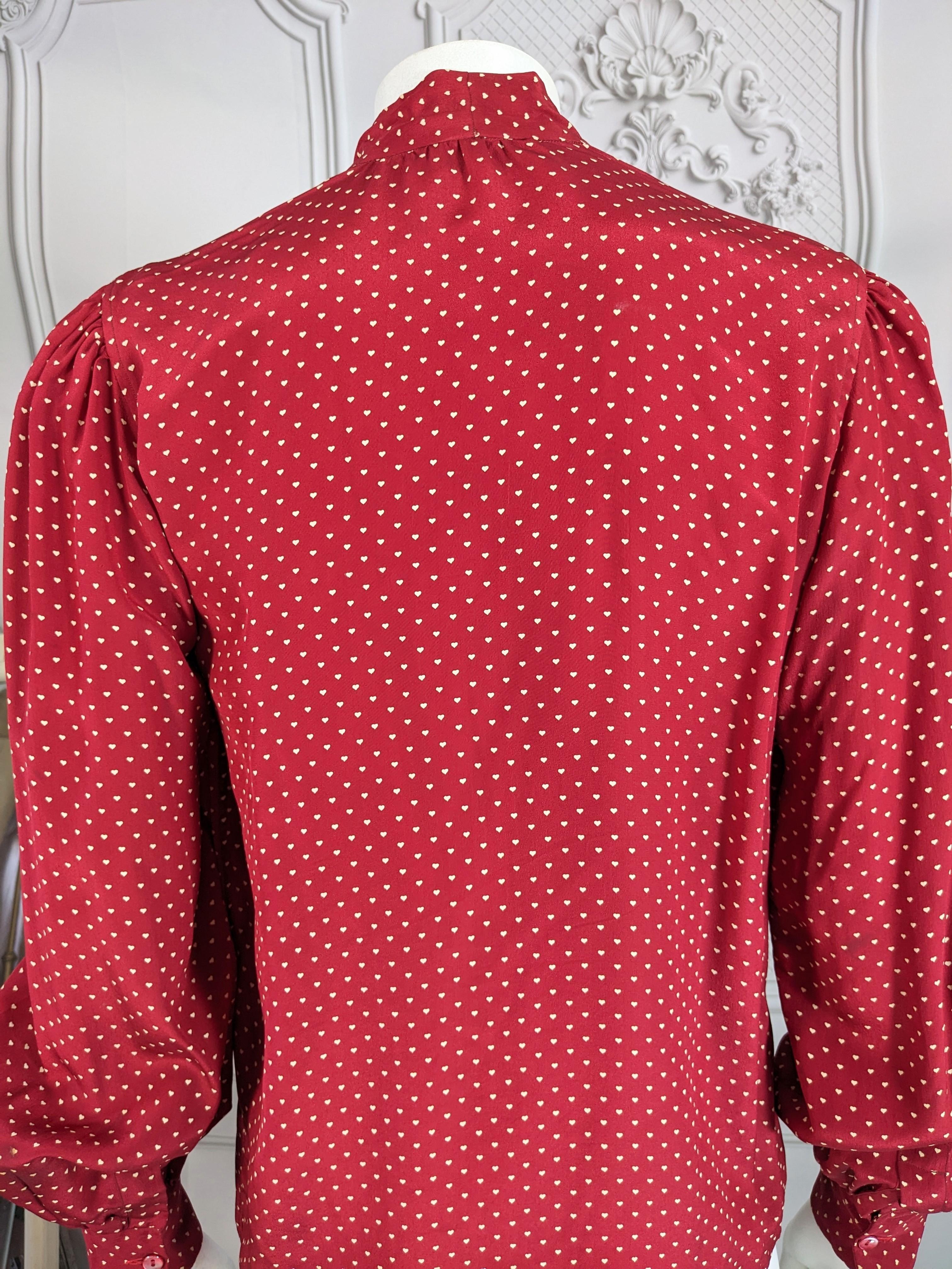 Early Yves Saint Laurent Heart Print Bow Blouse For Sale 3