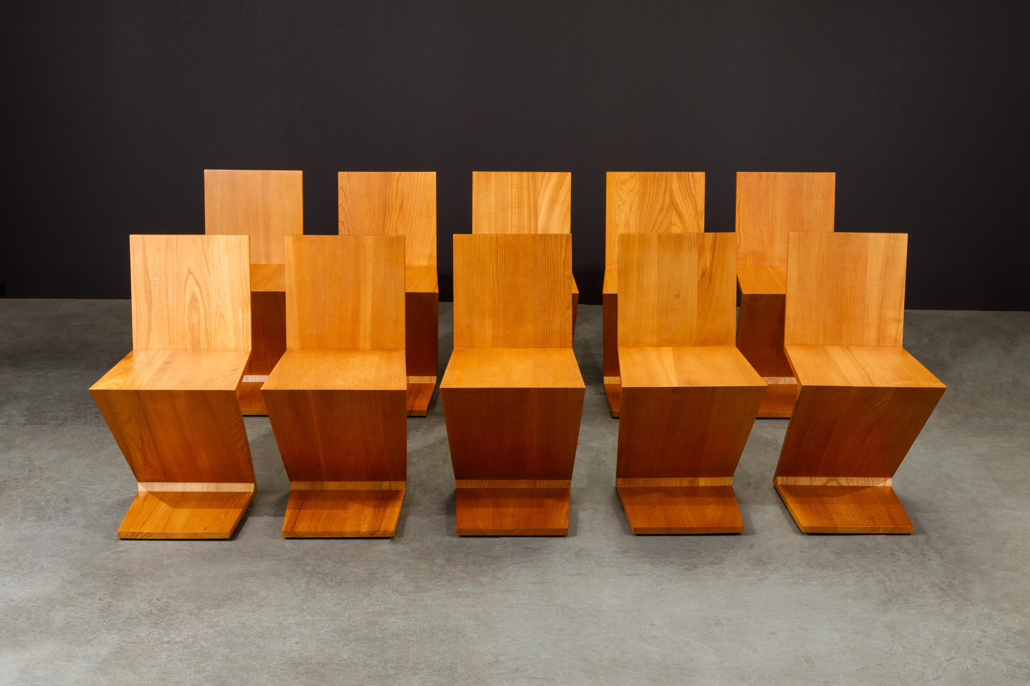 These early year 'Zig Zag' chairs by Gerrit Rietveld for Cassina are the holy grail of collectors pieces. Rare and coveted, original 'Zig Zag' chairs are a part of design history, residing in museums, private collectors and art /design investors
