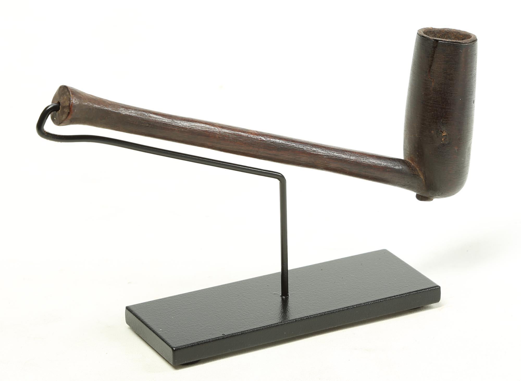 Tribal Early Zulu Wood Smoking Pipe on Custom Stand, South Africa Smooth Finish For Sale