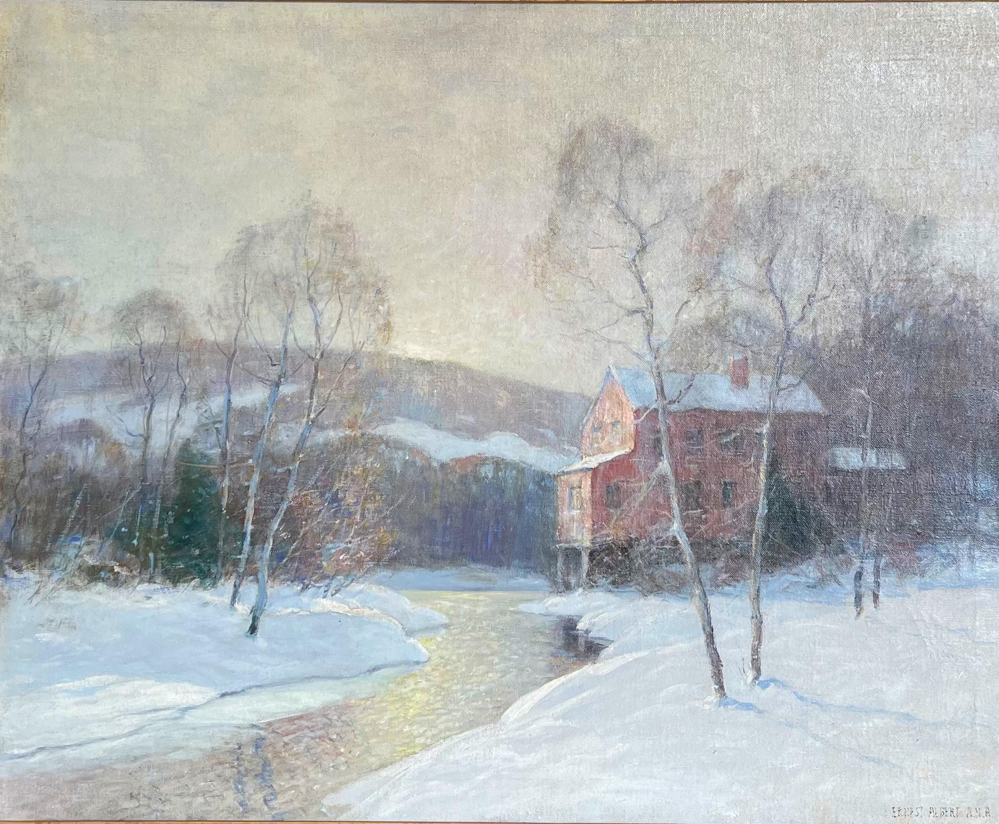 Peinture à l'huile impressionniste américaine Earnest Albert Landscape Red Mill Winter en vente 1