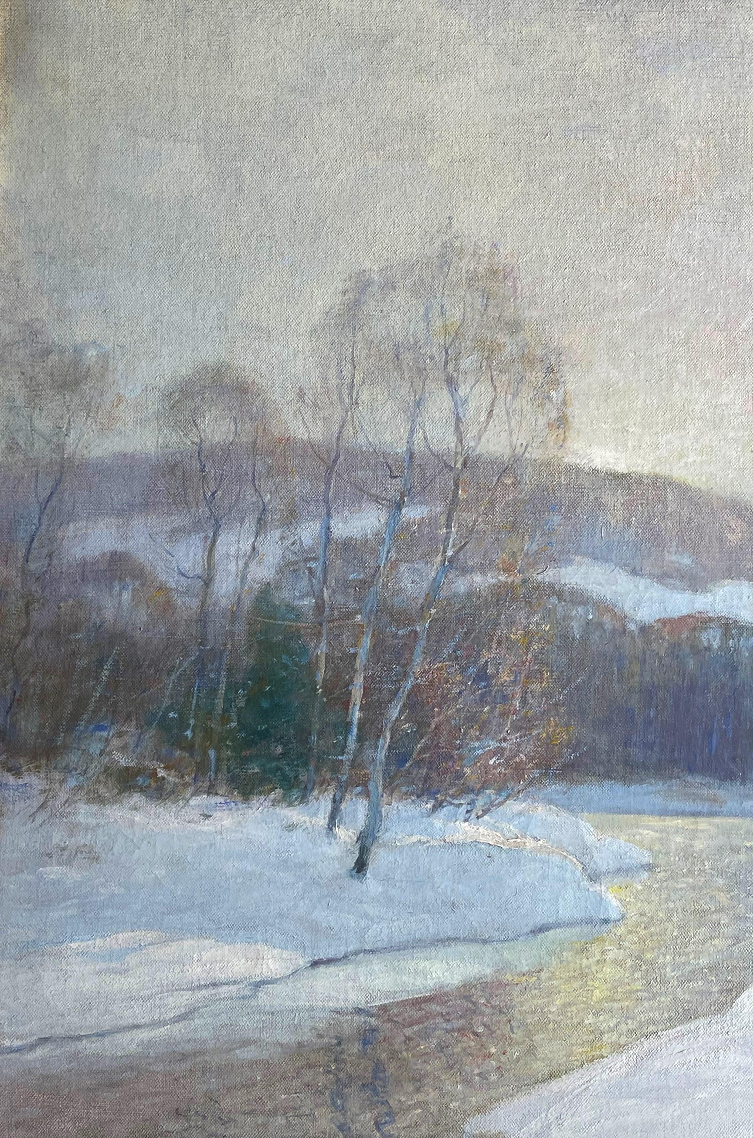 Peinture à l'huile impressionniste américaine Earnest Albert Landscape Red Mill Winter en vente 2