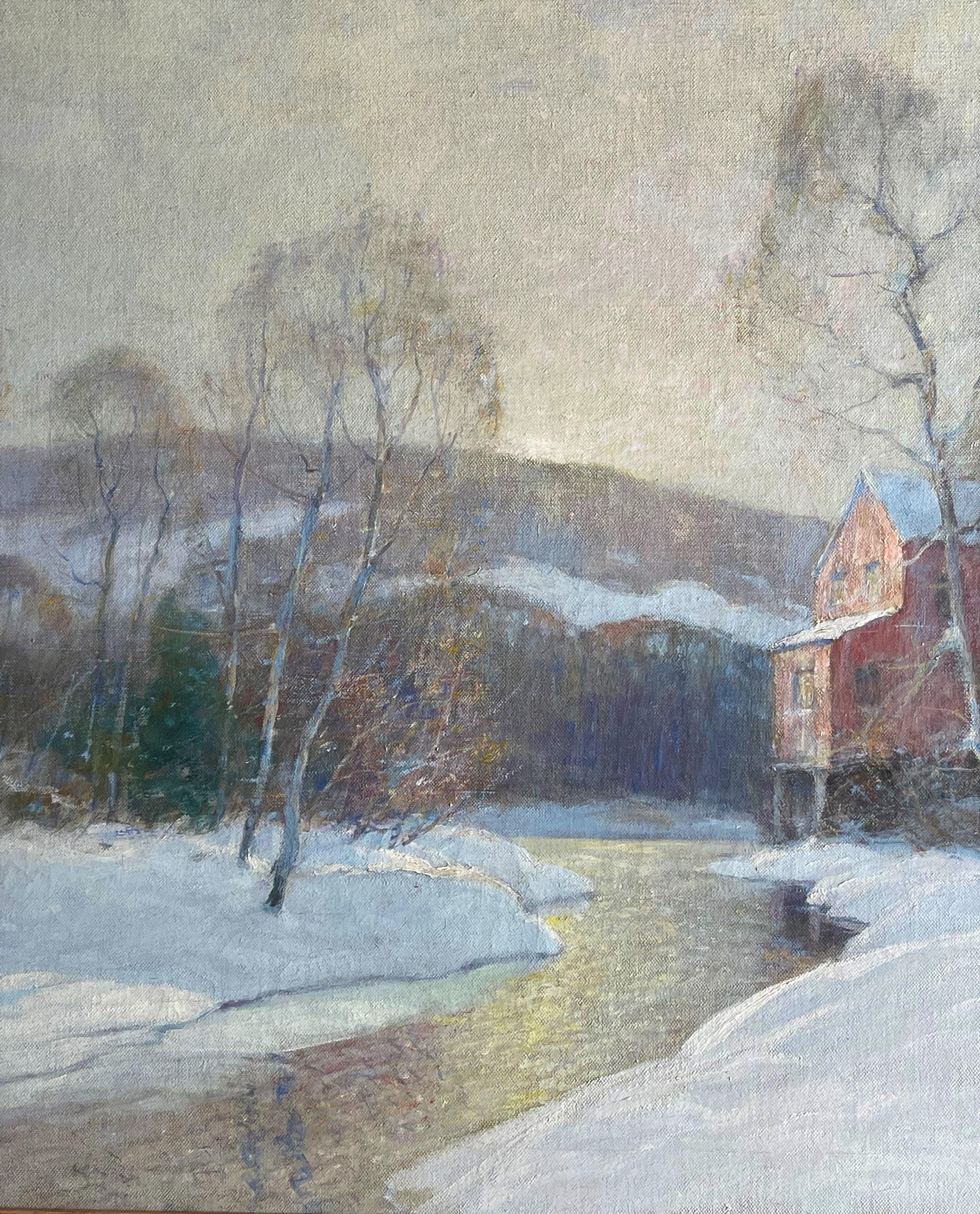 Peinture à l'huile impressionniste américaine Earnest Albert Landscape Red Mill Winter en vente 3