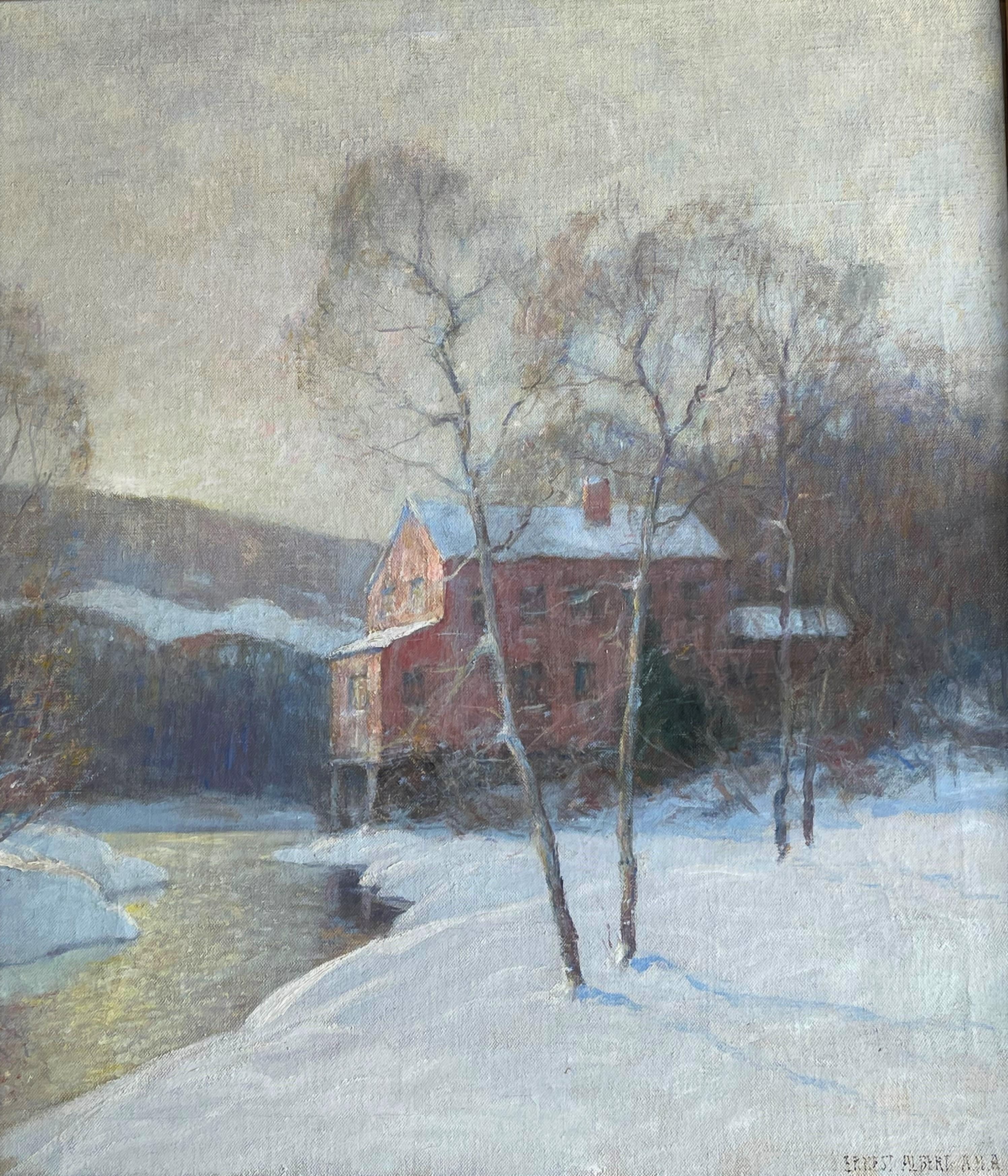  American Impressionist Earnest Albert Landscape Oil Painting Red Mill Winter For Sale 3