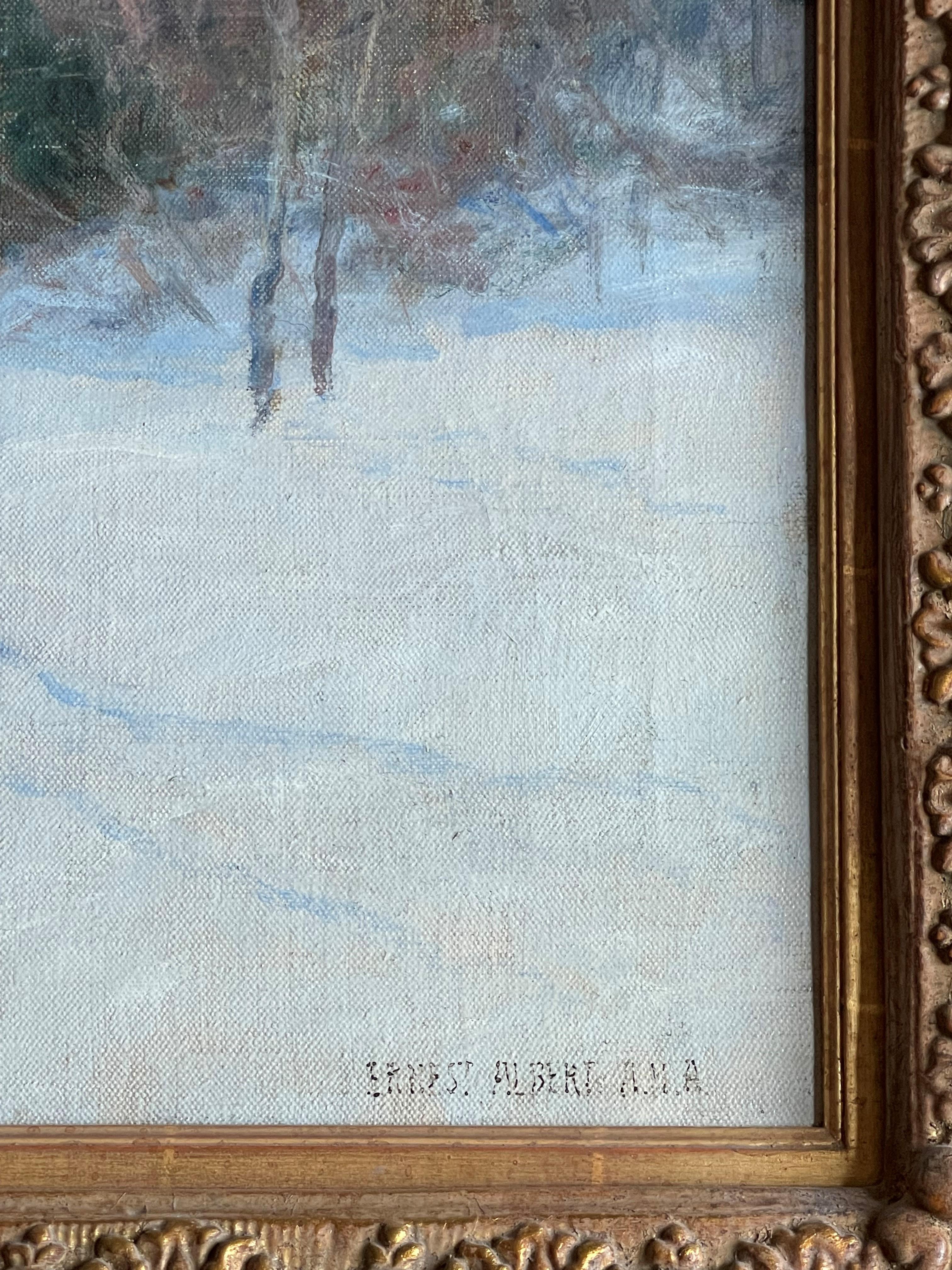 Peinture à l'huile impressionniste américaine Earnest Albert Landscape Red Mill Winter en vente 5