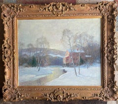 American Impressionist Earnest Albert Landscape Oil Painting Red Mill Winter