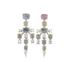 14k White Gold Dangle Earrings with Diamonds and Sapphires