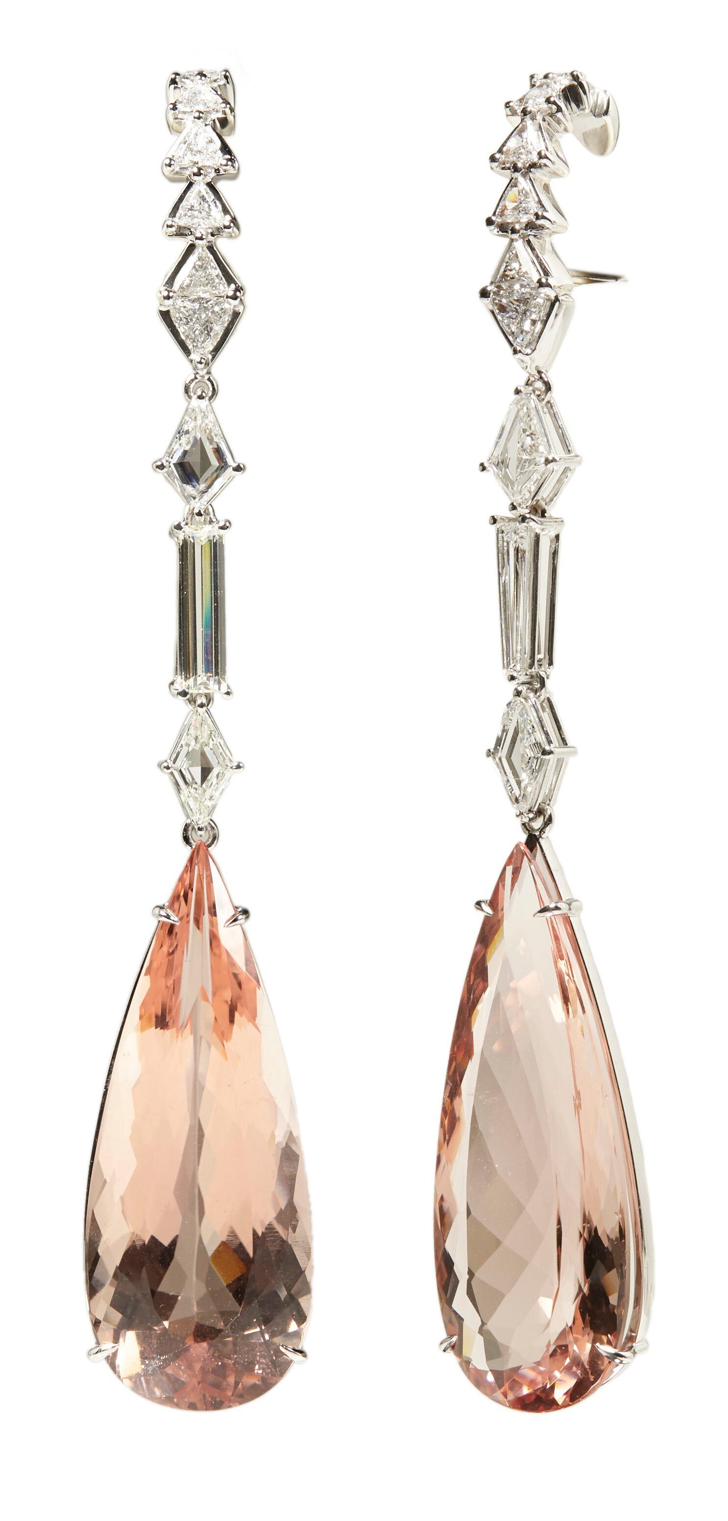 Designed exclusively by Ara Vartanian, these 18 Karat White Gold earrings feature pear-shaped faceted Morganites totalling 68.2 Carats, four trillion-shaped brilliant-cut White Diamonds totalling 1.147 Carats as well as a further 12 trillion-shaped