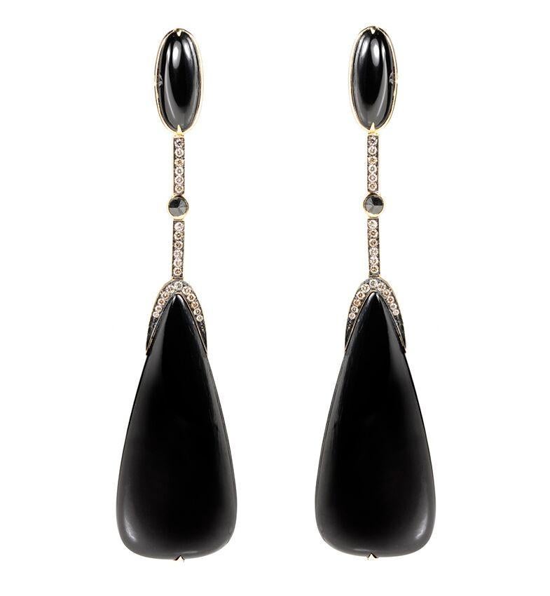 Designed exclusively by Ara Vartanian, these earrings have been created in 18k Yellow Gold, featuring a total of 63,28ct (sixty-three carats and twenty-eight points) worth of Black Quartzes, along with a total of 0,03ct (three points) of Black