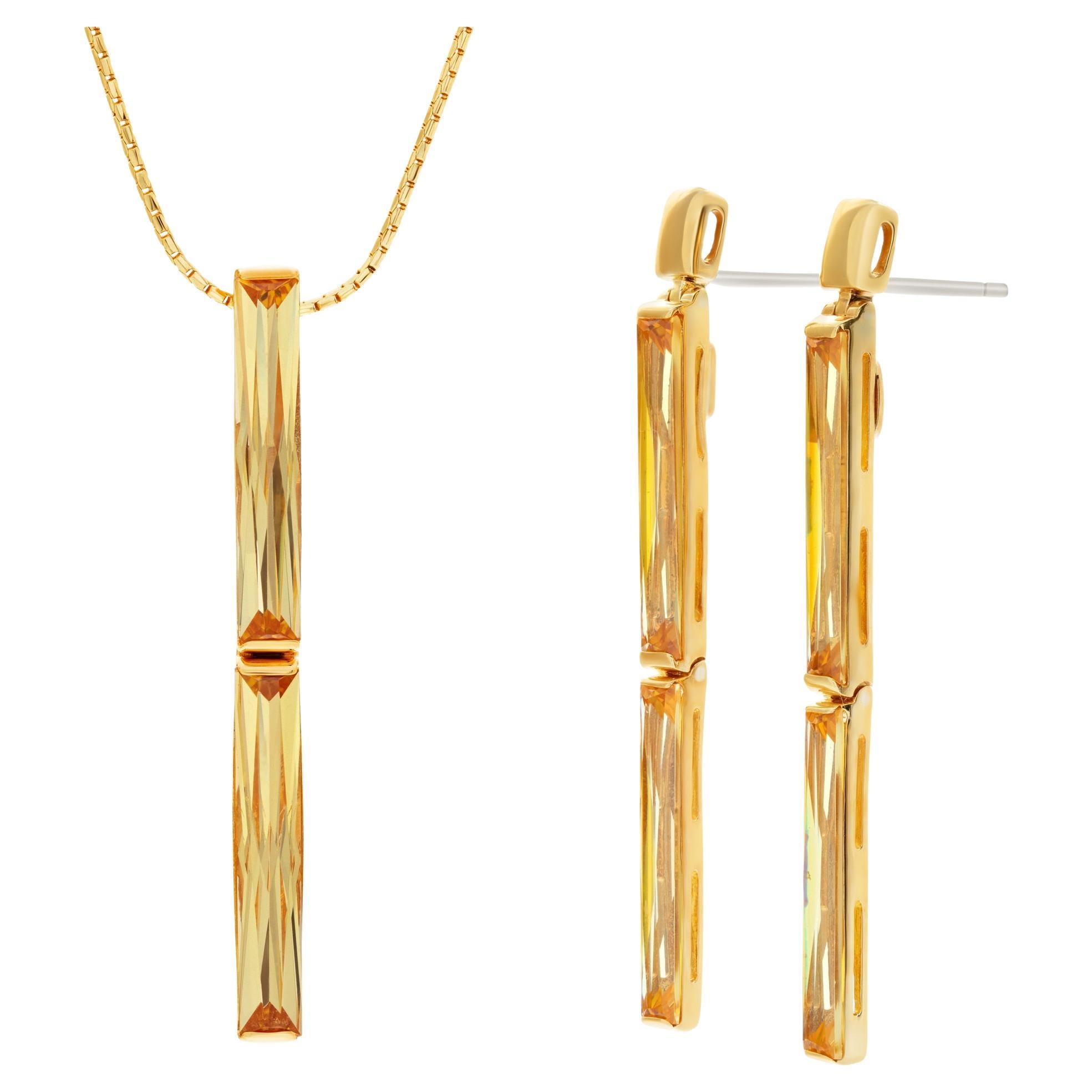 Earring and Pendant Set with Long Baguette Faceted Citrine, 18k Gold
