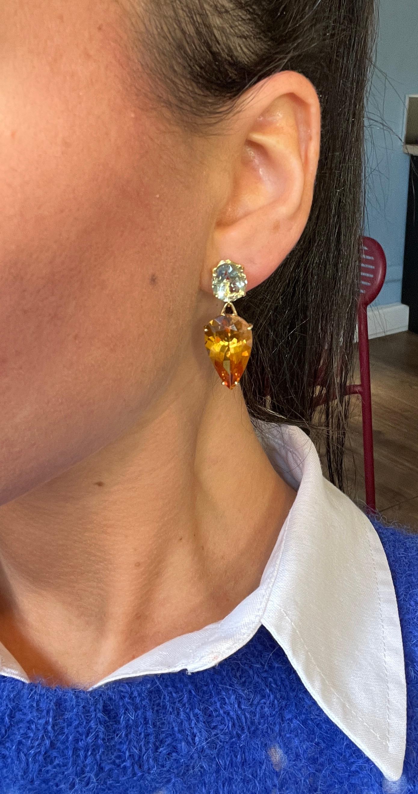 Artisan Earring Citrine Prasolite Yellow Gold 18 Carat For Sale