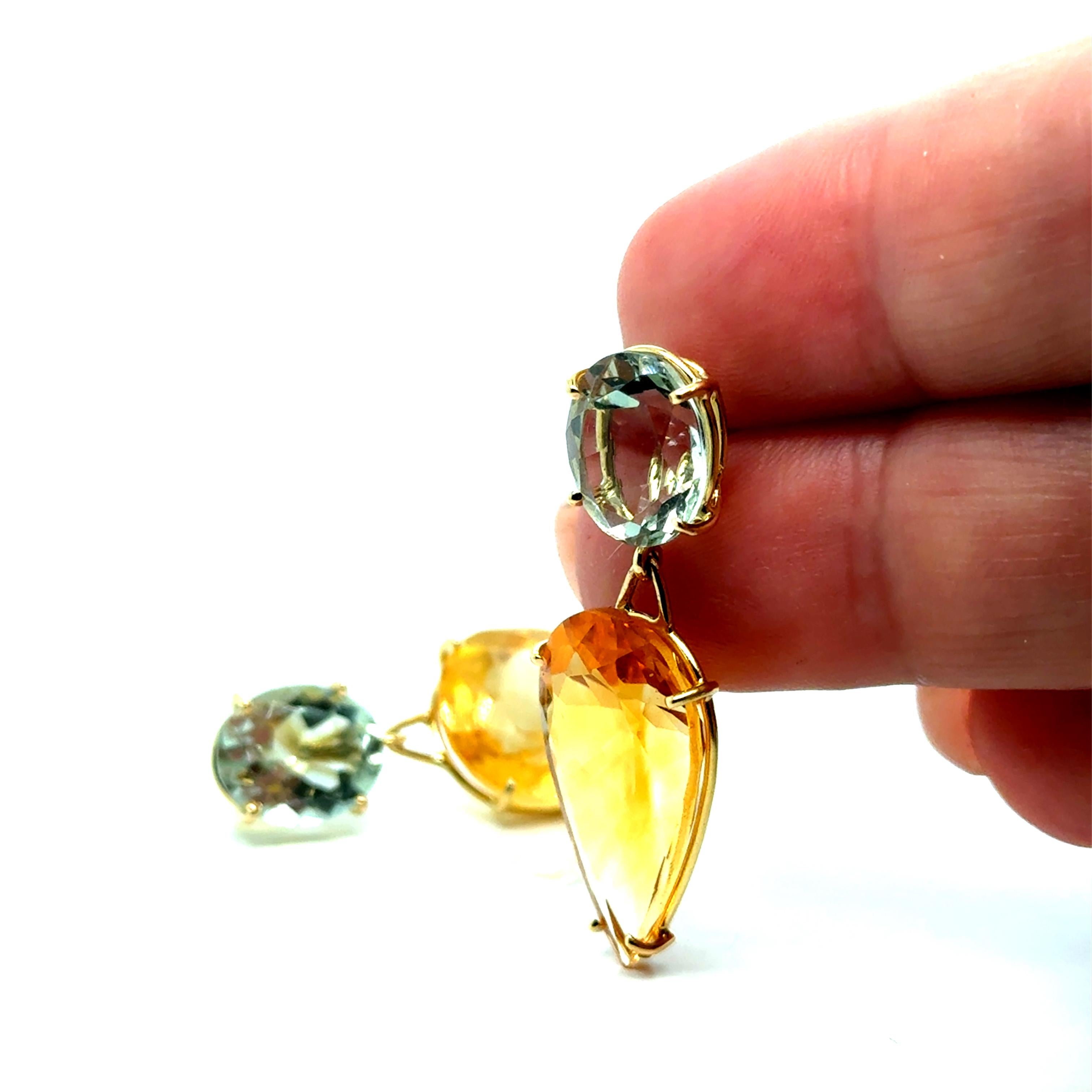 Pear Cut Earring Citrine Prasolite Yellow Gold 18 Carat For Sale