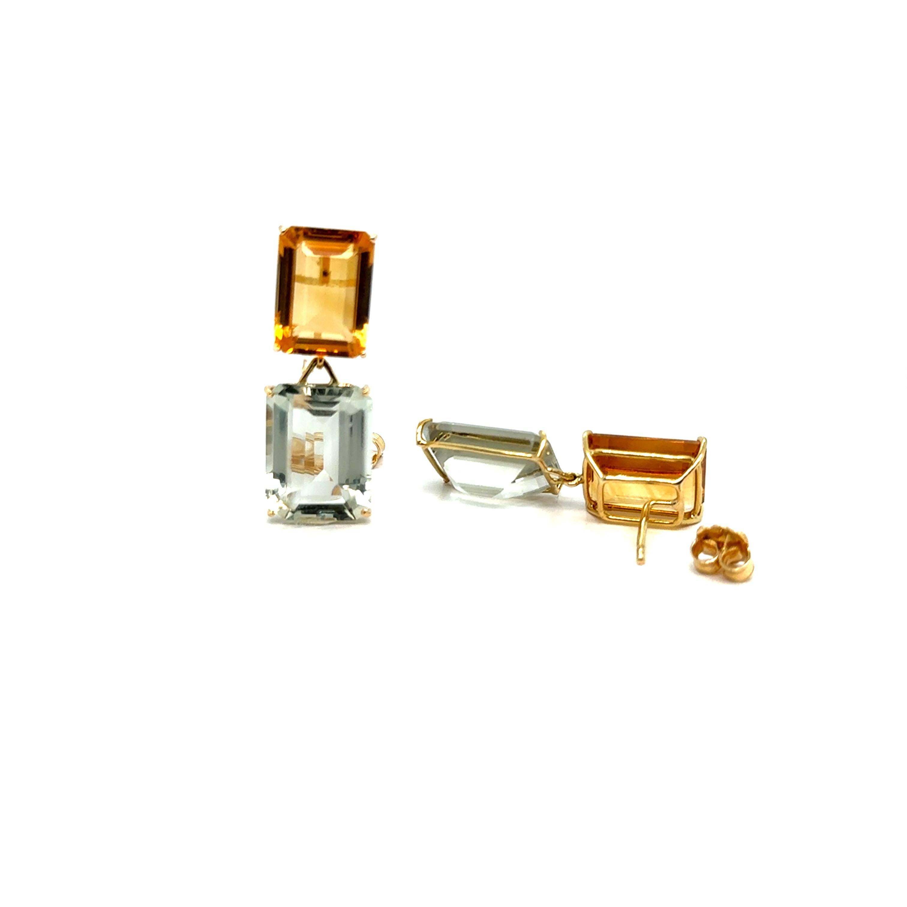 Emerald Cut Earring Citrine Quartz Yellow Gold 18 Carat