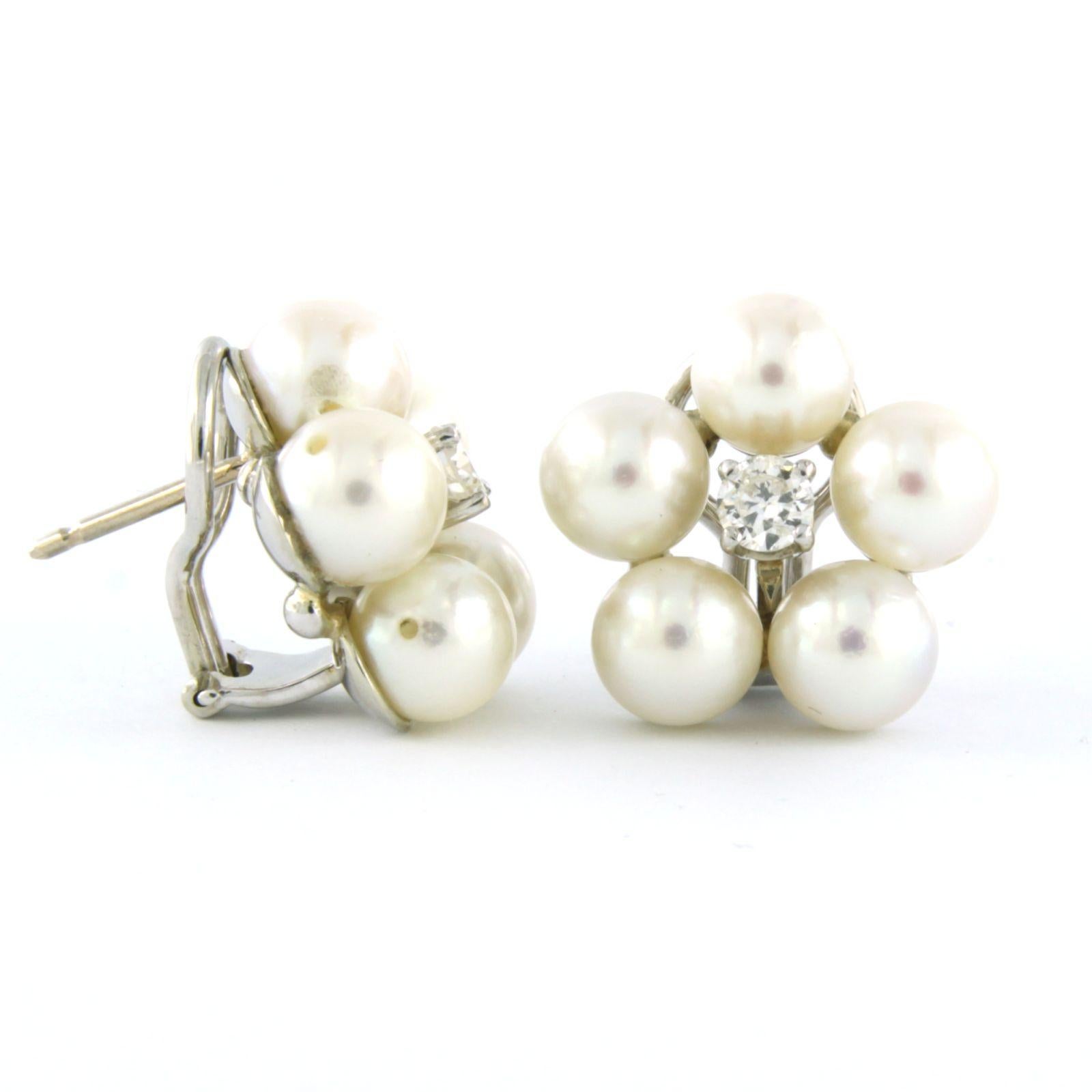 Modern Earring clip-on with pearl and diamonds 14k white gold