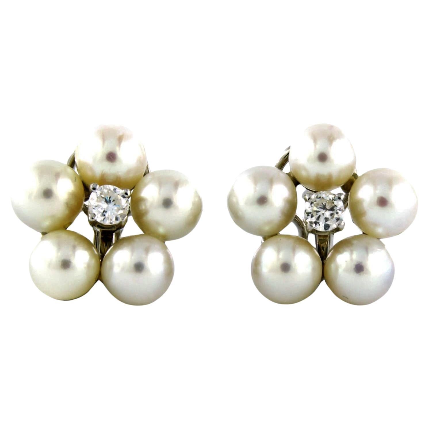 Earring clip-on with pearl and diamonds 14k white gold