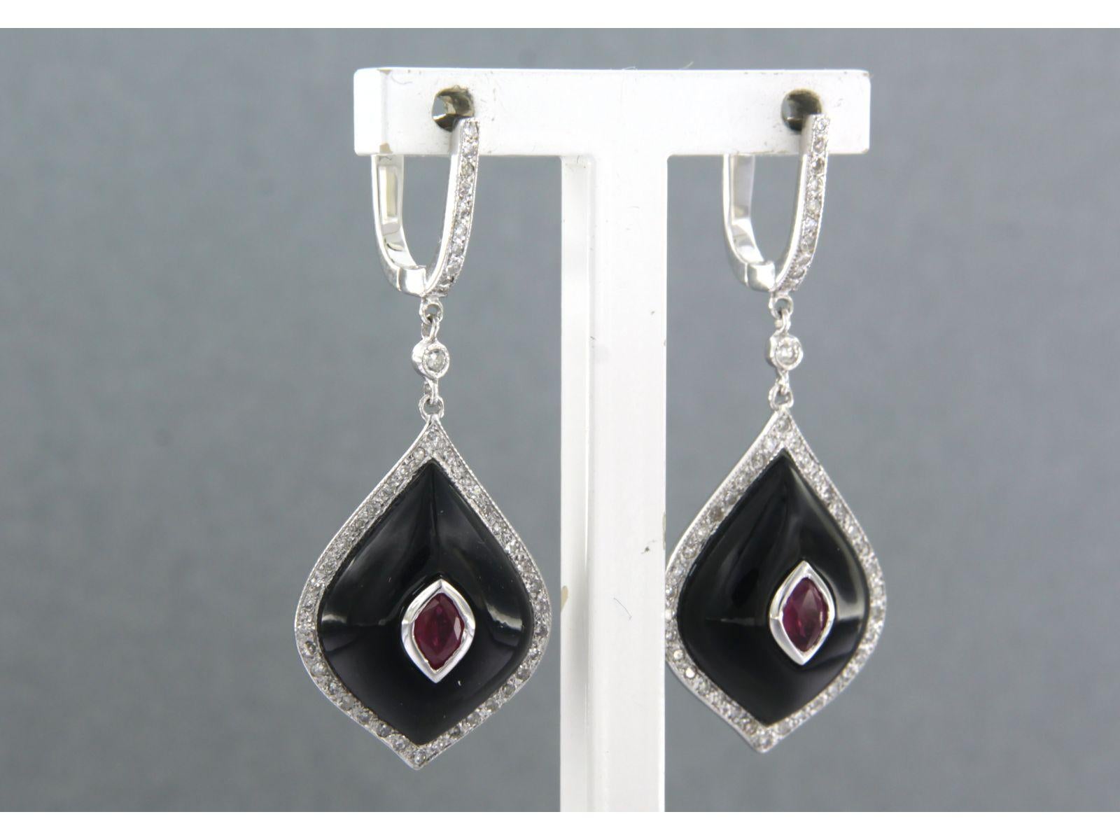 Modern Earring set with onyx, ruby and diamonds 14k white gold For Sale