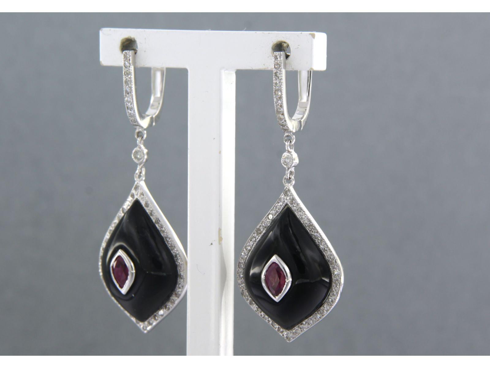 Single Cut Earring set with onyx, ruby and diamonds 14k white gold For Sale