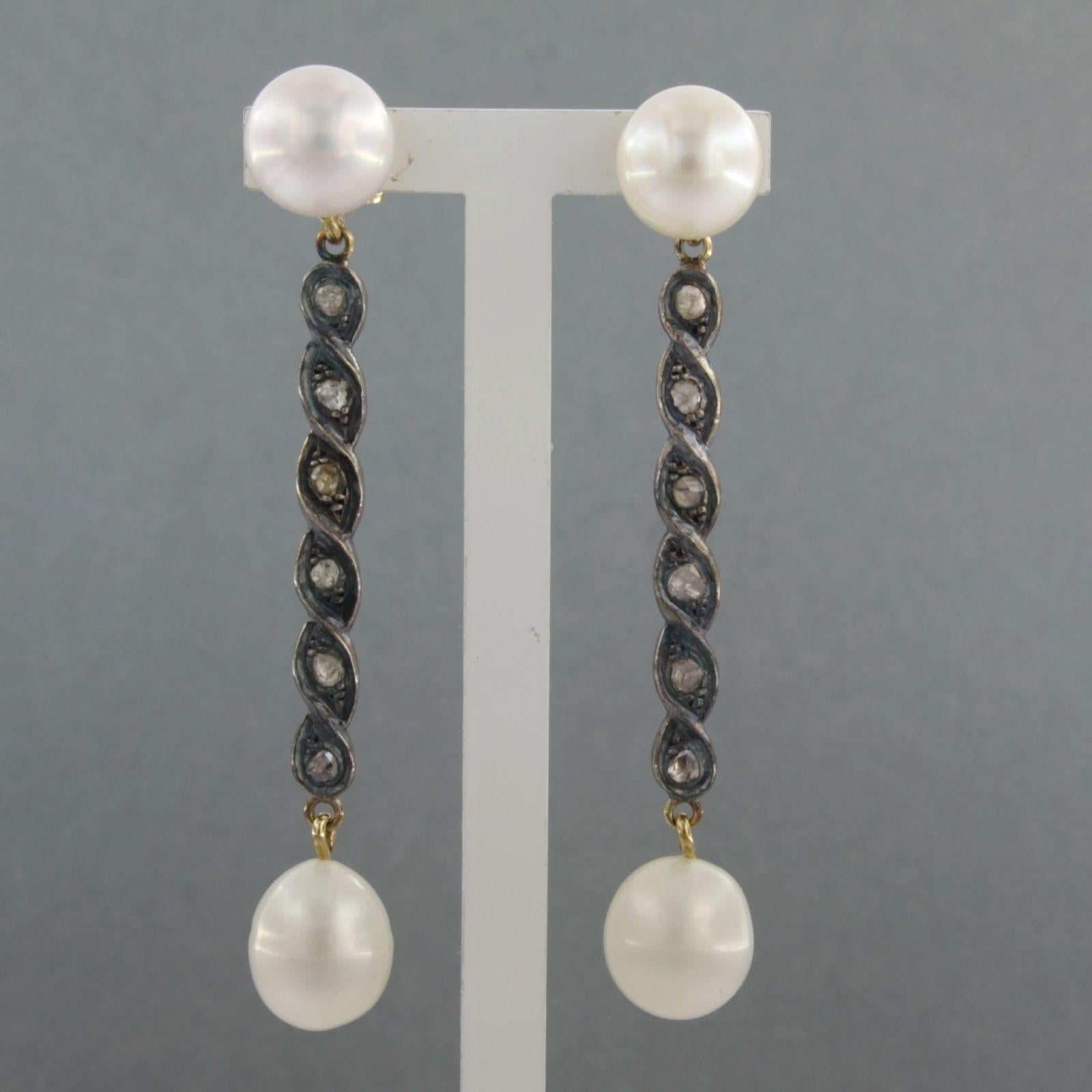 Earring set with pearl and diamonds 14k yellow gold and silver For Sale 1
