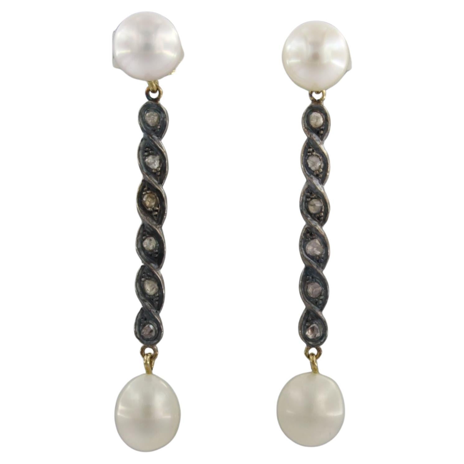Earring set with pearl and diamonds 14k yellow gold and silver For Sale