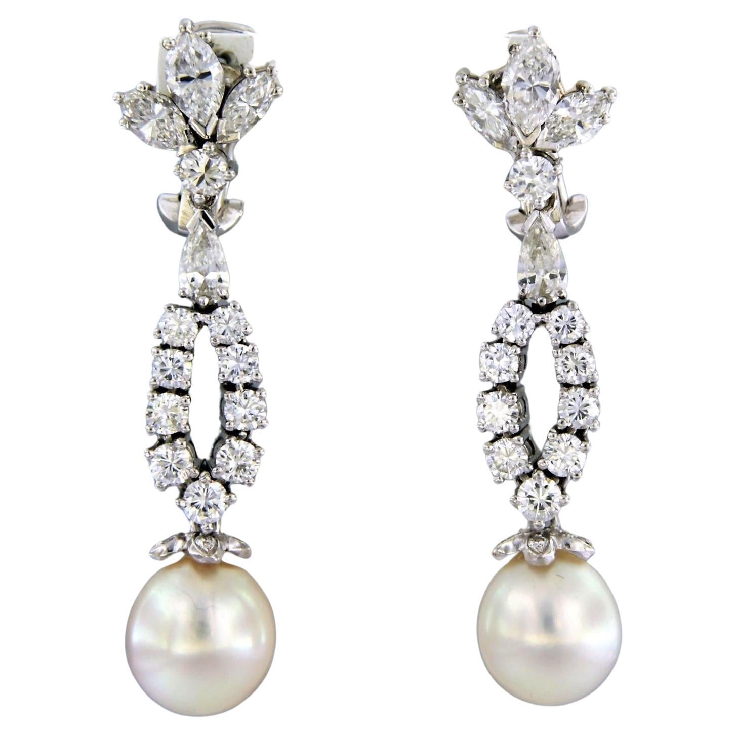 Earring set with pearl and diamonds up to 4.00ct 18k white gold For Sale