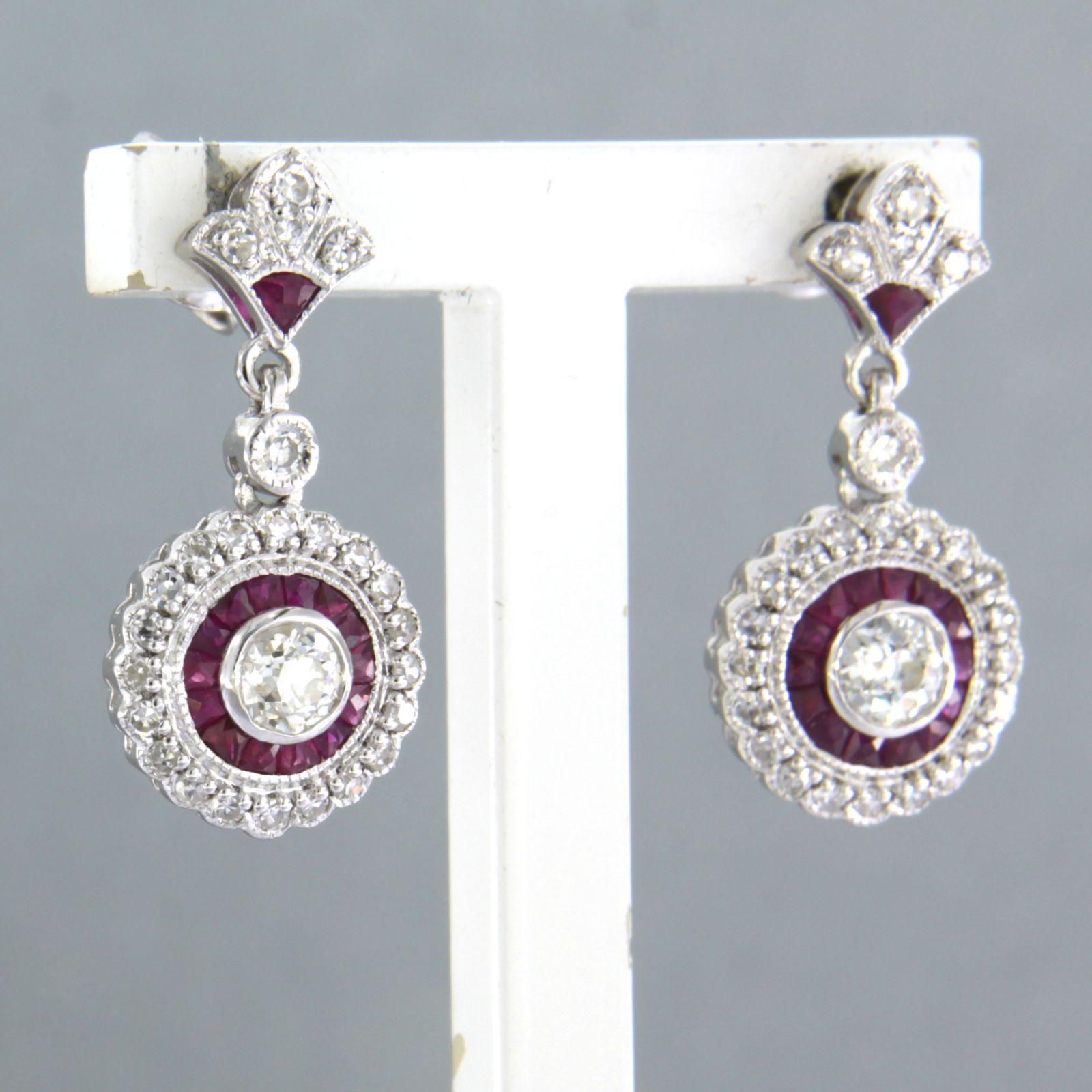 Modern Earring set with ruby and diamonds 14k white gold
