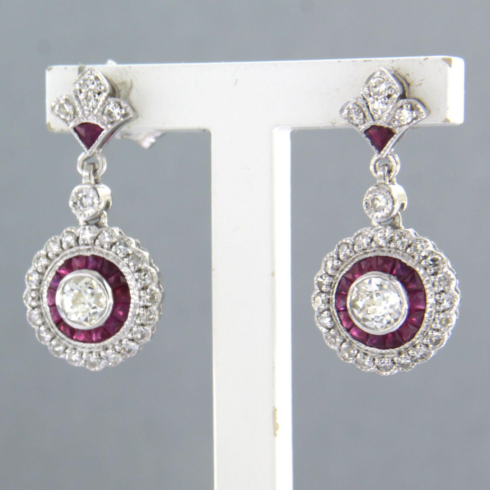 Old Mine Cut Earring set with ruby and diamonds 14k white gold
