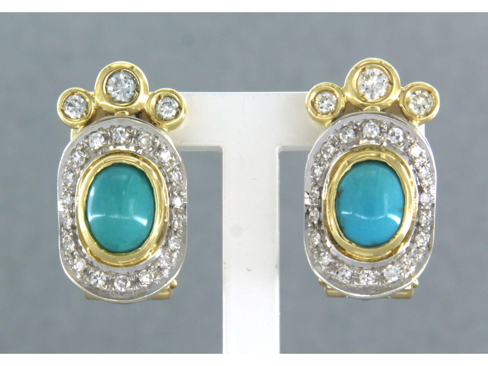 18k bicolour gold ear clips set with turquoise and brilliant and single cut diamond 0.50ct - F/G - VS/SI

detailed description

the top of the ear stud is 2.1 cm long by 1.1 cm wide

weight 10.7 grams

set with

- 2 x 5.5 mm x 7.0 mm oval cabochon