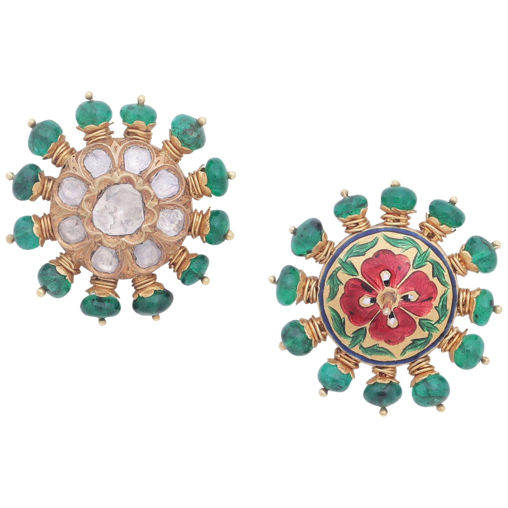Earring Studs Pair with Diamonds and Zambian Emerald Beads in 18k Gold & Enamel