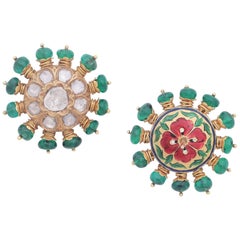 Earring Studs Pair with Diamonds and Zambian Emerald Beads in 18k Gold & Enamel