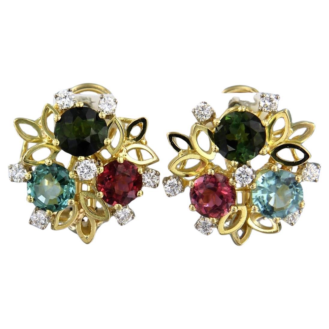 Earring topaz, tourmaline and diamonds up to 0.80ct 14k yellow gold For Sale