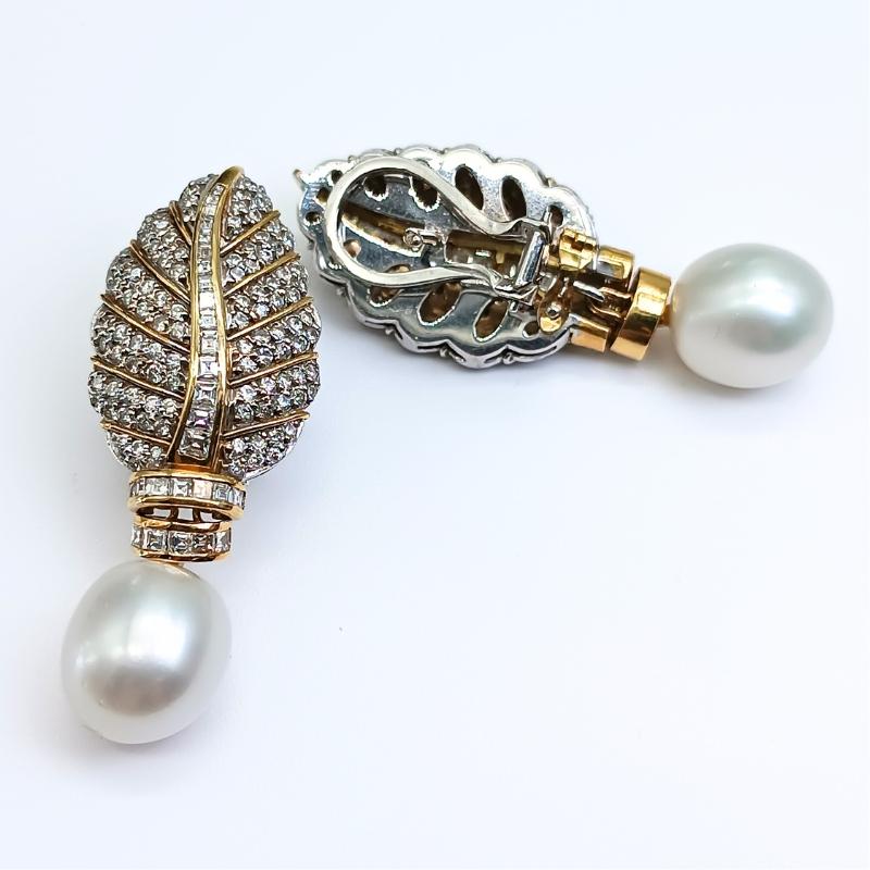 Brilliant Cut Earring Wite and Yellow Gold Leaf- Shaped, Diamonds and Australian Pearls For Sale