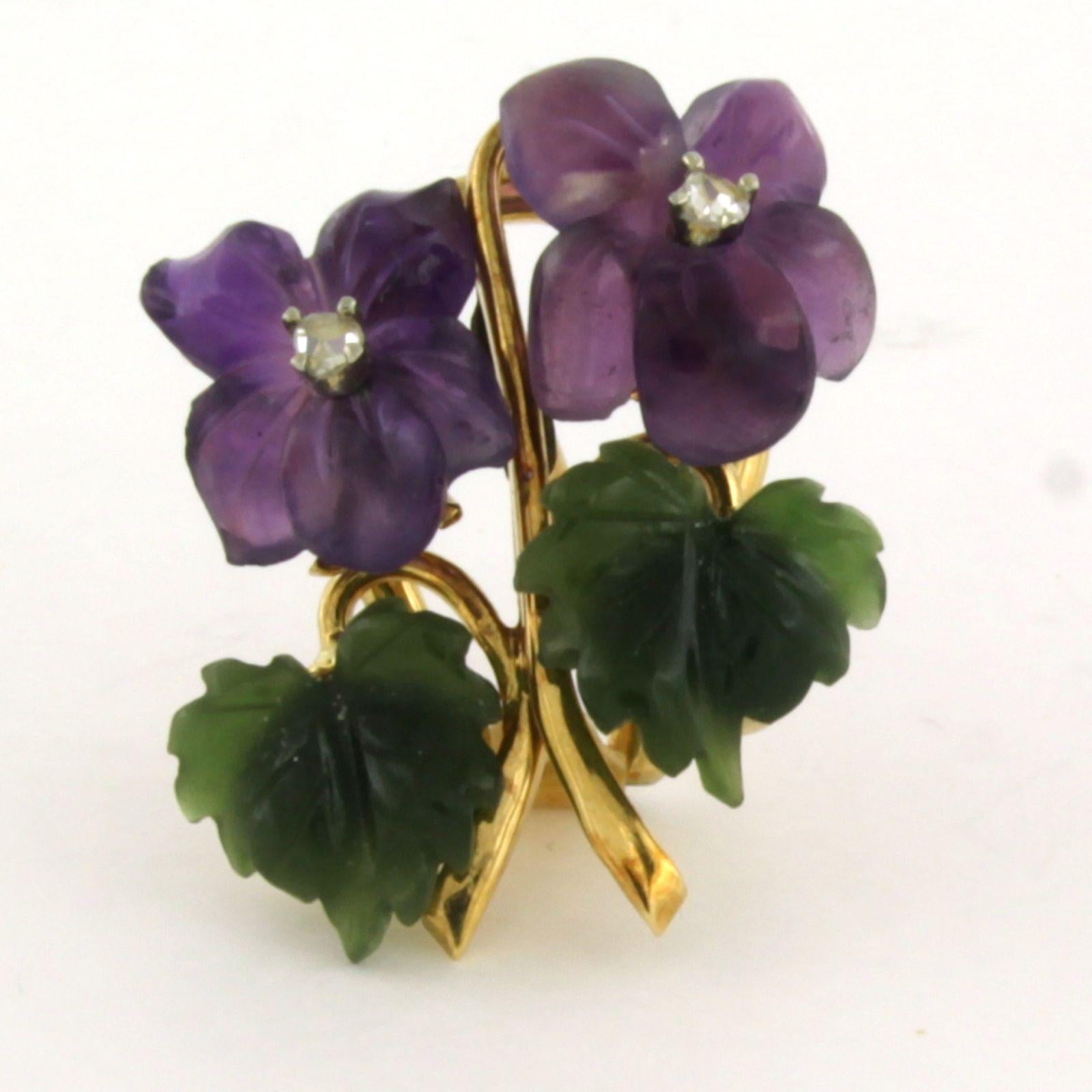 Single clip-on earring

18k yellow gold clip-on earring with decoration of two flowers set with moss agate, amethyst and rose cut diamond

detailed description:

the front of the clip-on earring is 2.4 cm high by 2.0 cm wide

weight: 5.9 grams

set