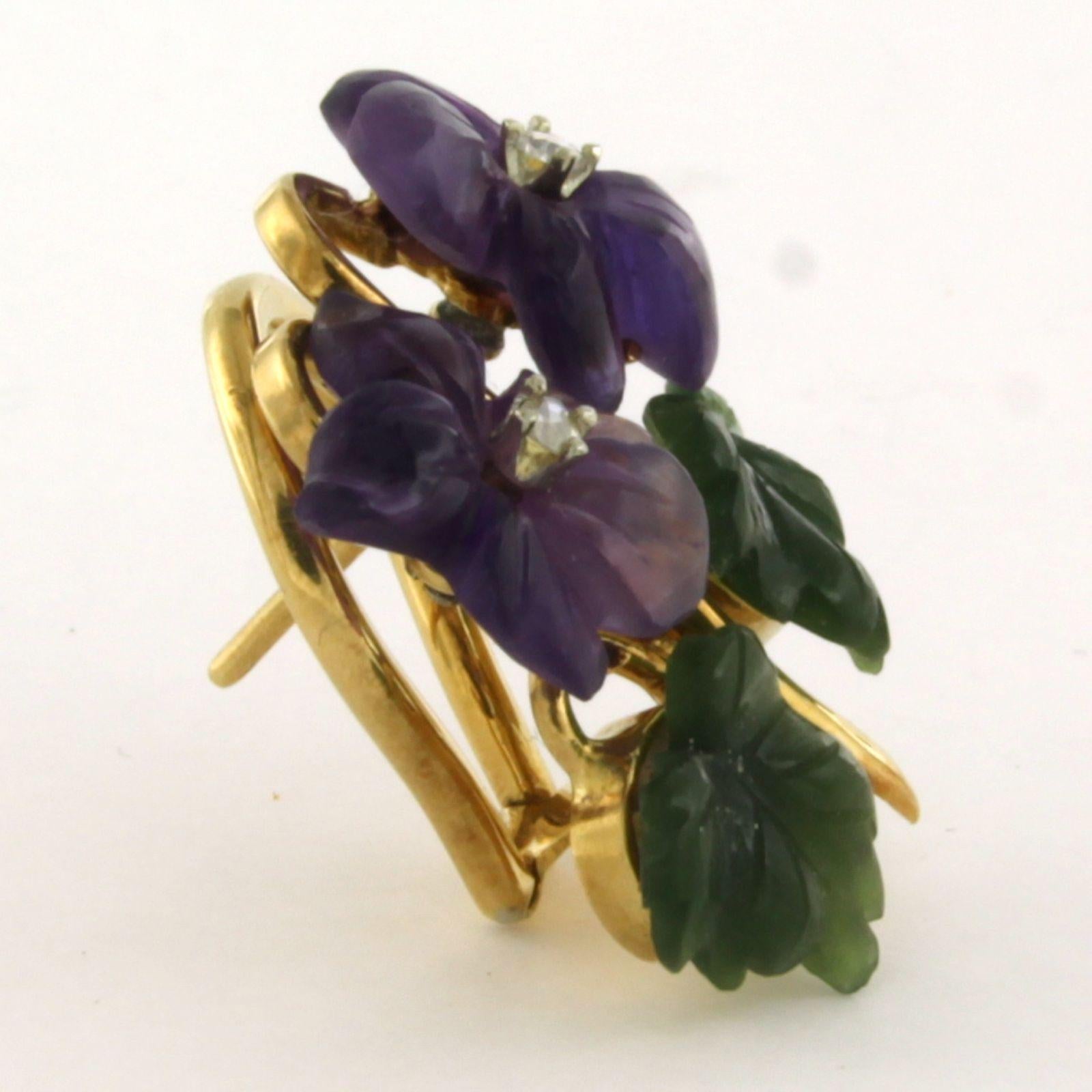 Single clip-on earring

18k yellow gold clip-on earring with decoration of two flowers set with moss agate, amethyst and rose cut diamond

detailed description:

the front of the clip-on earring is 2.4 cm high by 2.0 cm wide

weight: 5.9 grams

set