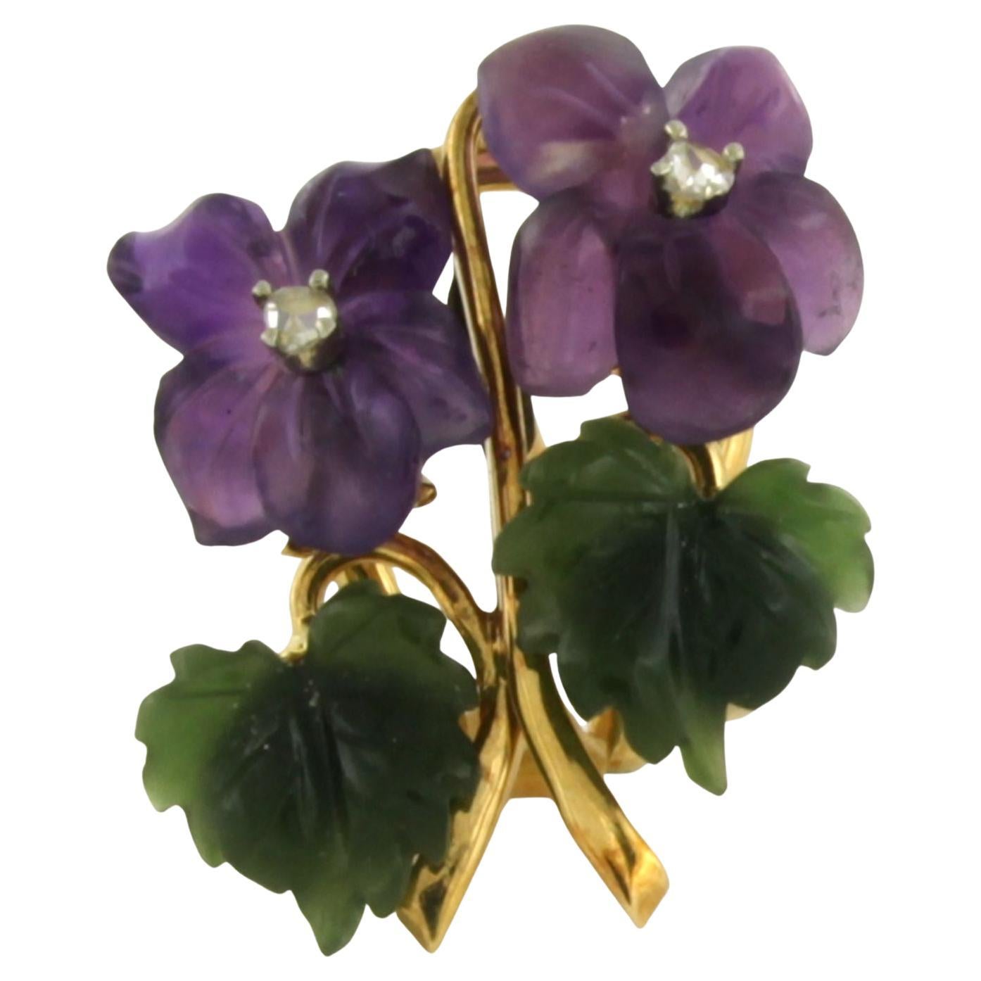 Earring with agate, amethyst and rose cut diamonds 18k gold 5.9 gram For Sale