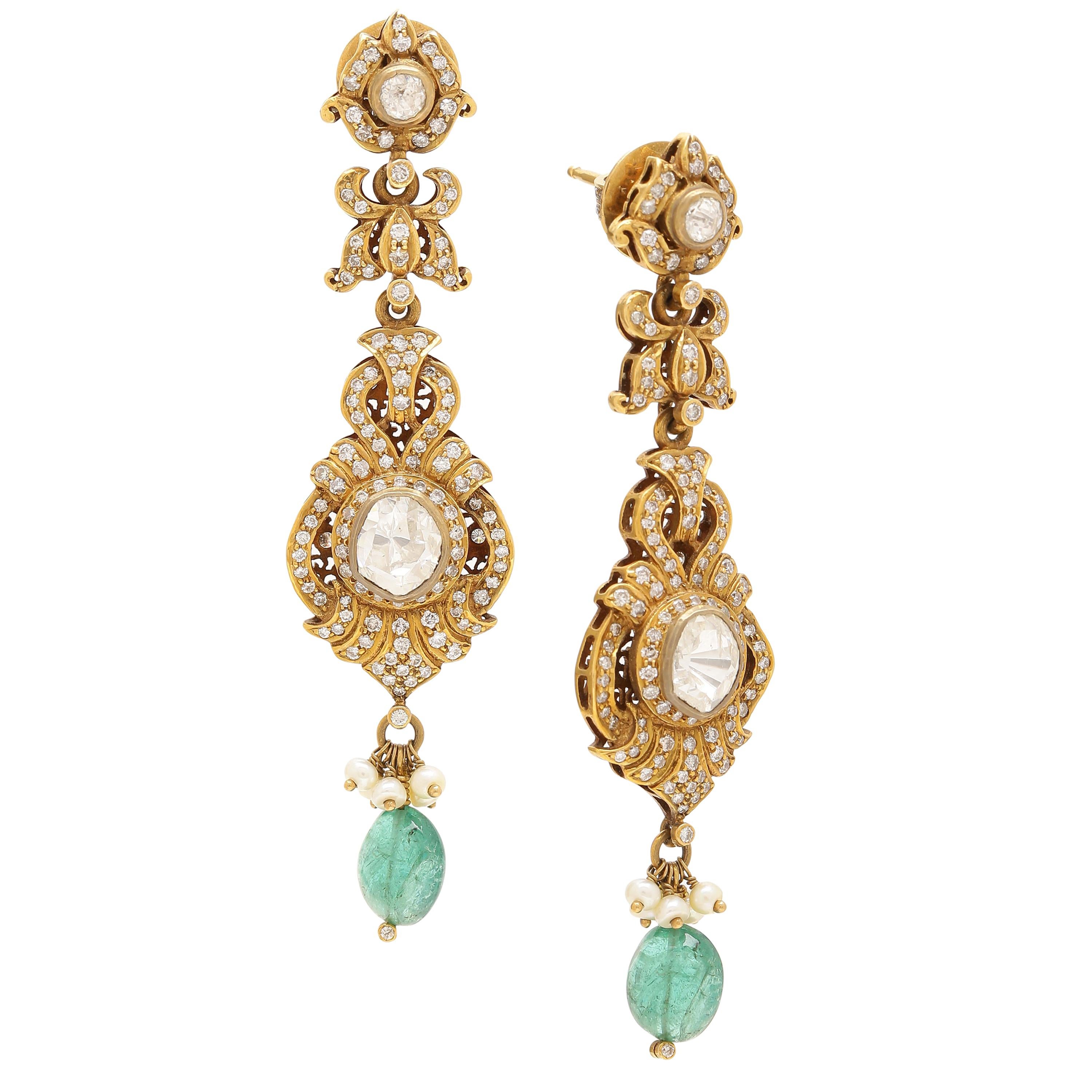 Earring with Diamonds, Pearls and Emeralds Handcrafted in 18 Karat Yellow Gold