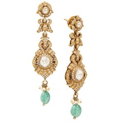 Boucles d'oreilles en or jaune 18 carats avec diamants, perles et émeraudes, fabriquées à la main