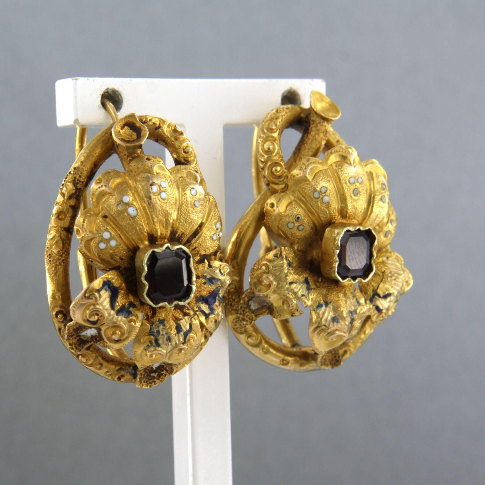 Women's Earring with enamel and garnet 14k yellow gold - 9.0 grams For Sale