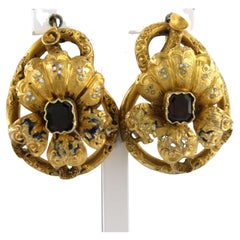 Earring with enemal and garnet 14k yellow gold