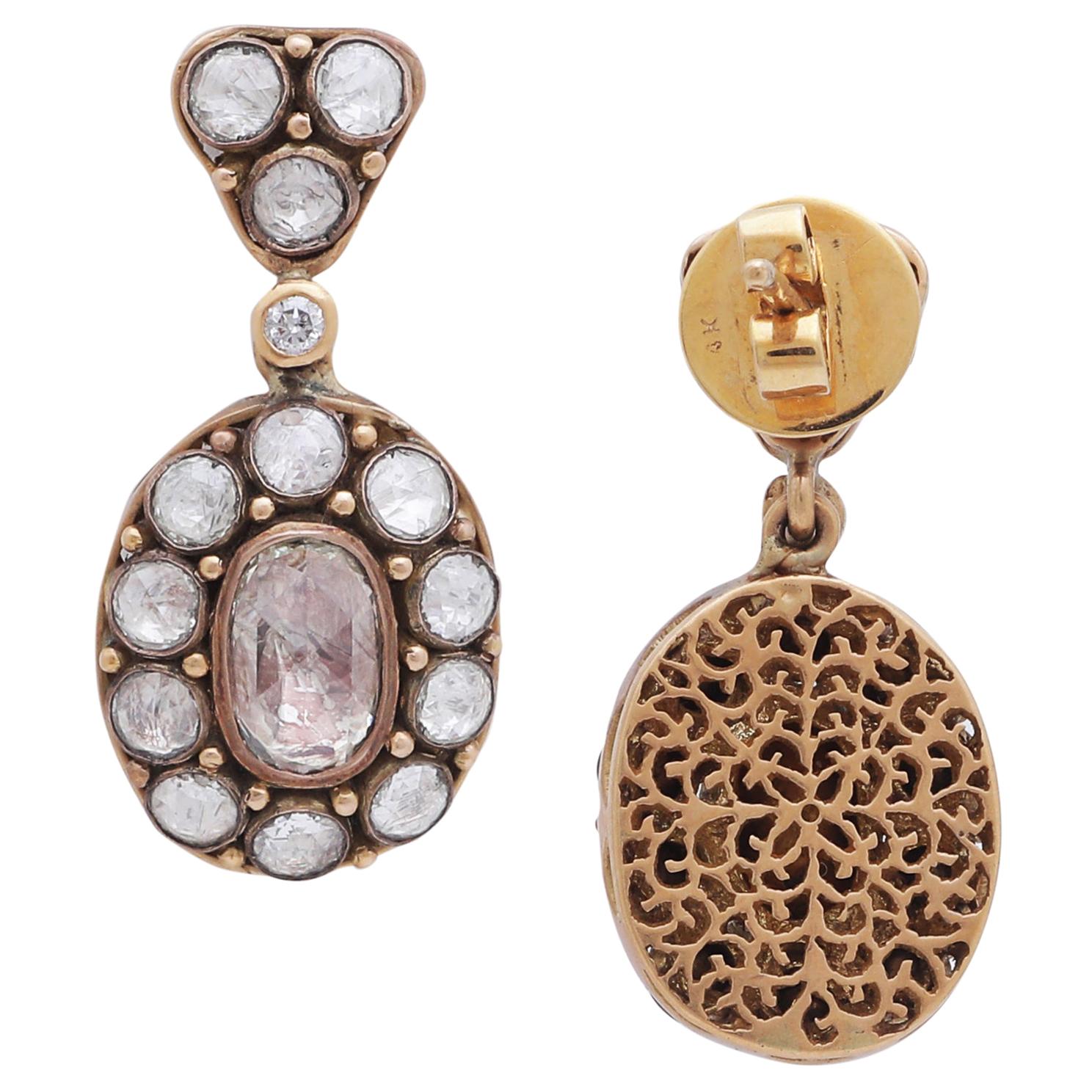 Earring with Rosecut Diamonds Handcrafted in 18 Karat Gold with Intricate Work