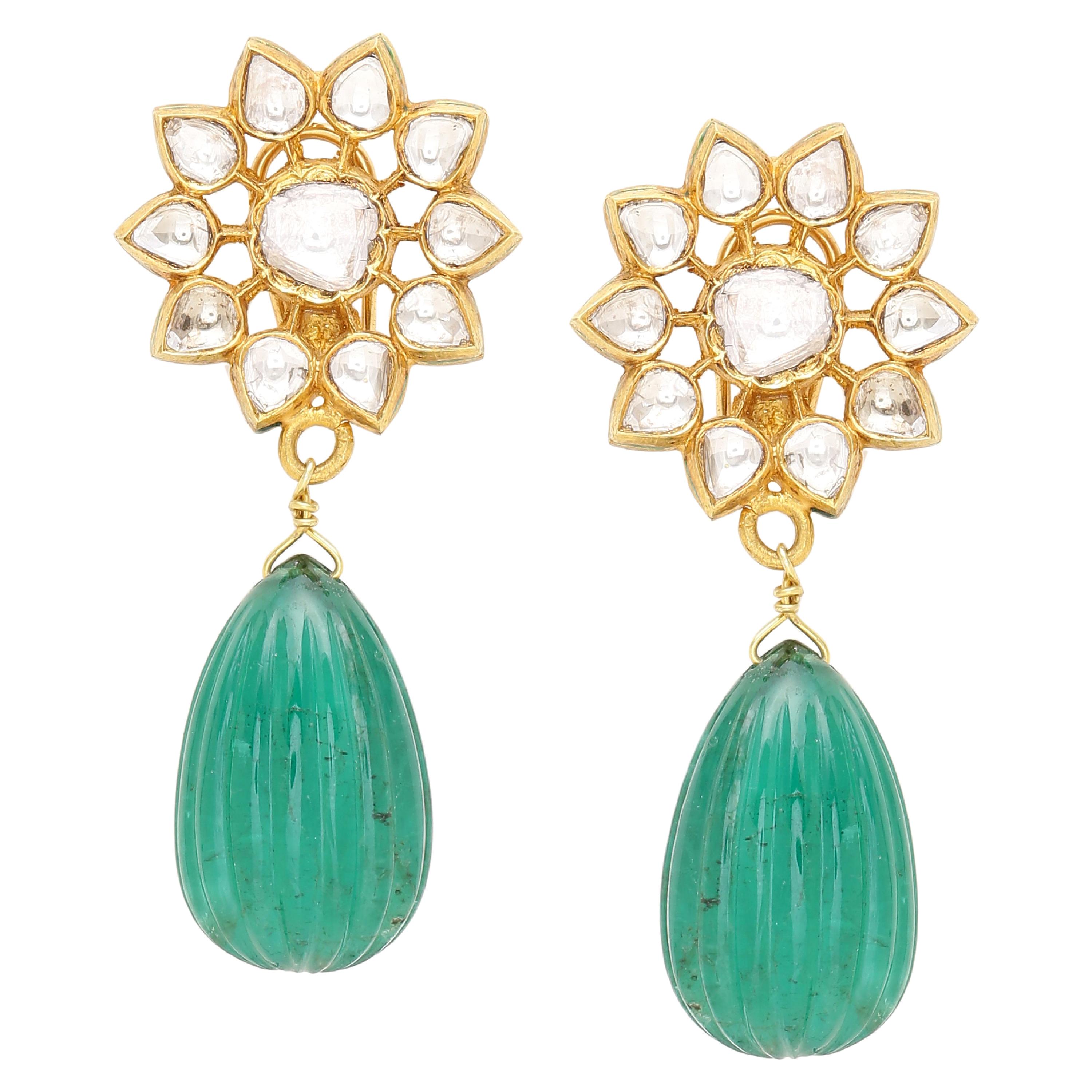 Earring with Uncut Diamonds and Natural Emerald Carved 101 Carat Drop Pair