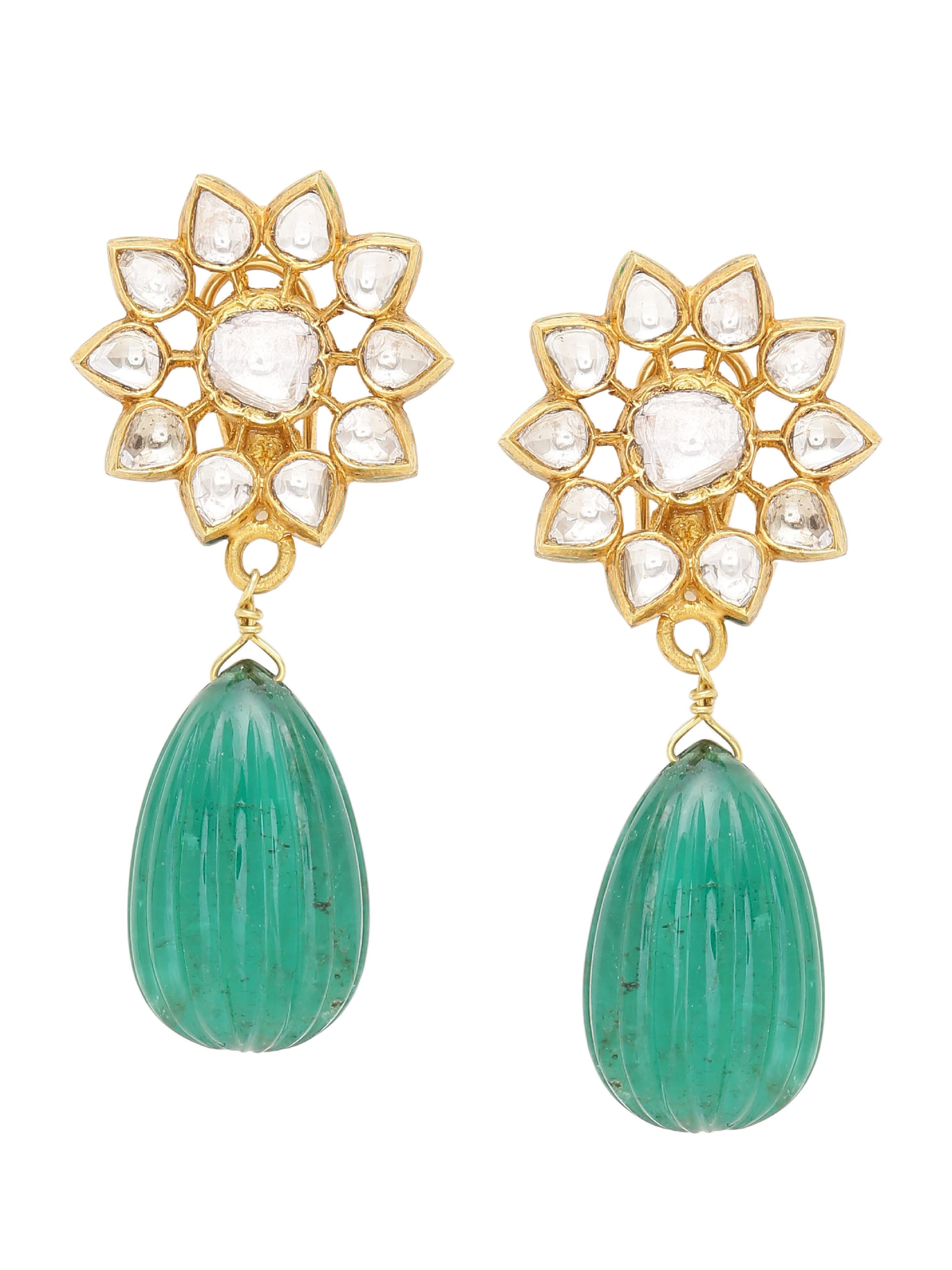 Pear Cut Earring with Uncut Diamonds and Natural Emerald Carved 101 Carat Drop Pair