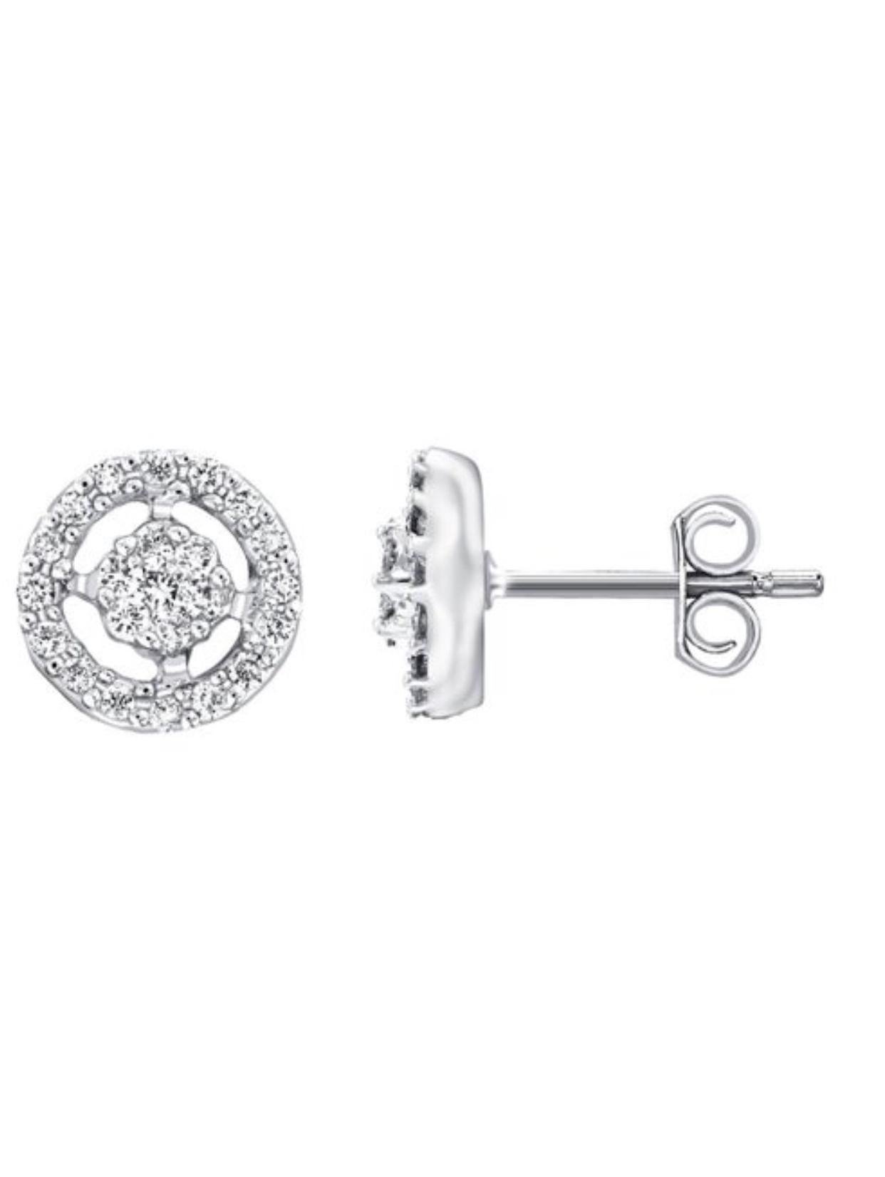 Round Cut Earrings 0.75 Carat Cluster Halo 18 Karat White Gold Round White Diamond Stud For Sale