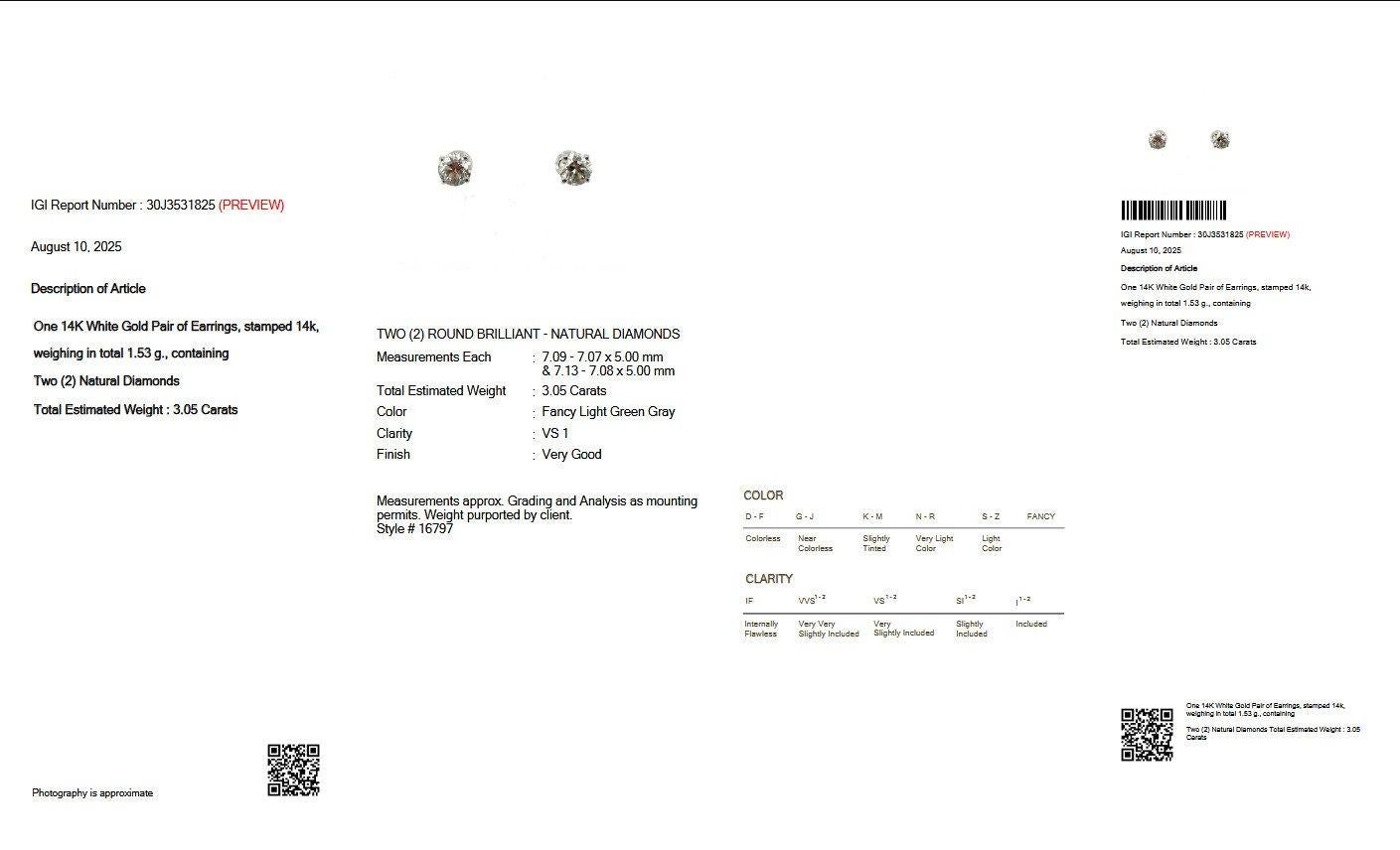 Boucles d'oreilles - 14 kt. Or blanc - 3.05ct. tw. Diamant (de couleur naturelle) - IGI en vente 1