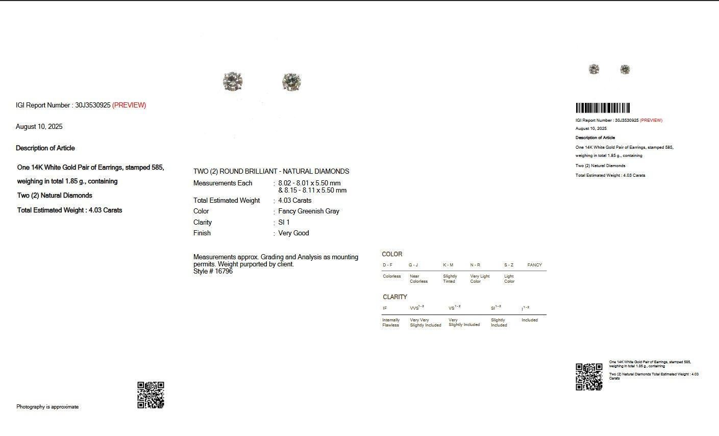 Boucles d'oreilles - 14 kt. Or blanc - 4.03ct. tw. Diamant (de couleur naturelle) - IGI en vente 2