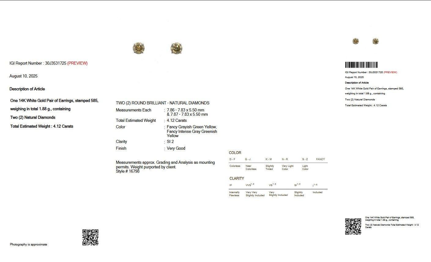 Pendientes - 14 kt. Oro blanco - 4,12ct. tw. Diamante (color natural) - IGI en venta 2