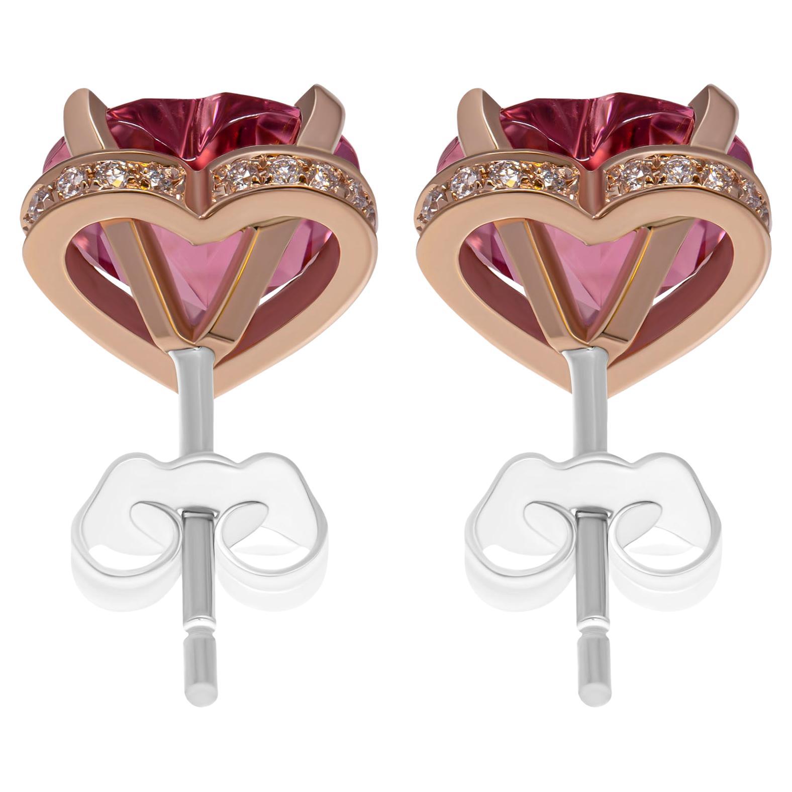  Earrings 14k Rose Gold
 Heart Shape Diamond Pink Tourmaline 3.87ct
 Total Carat Weight of pave:0.11ct
