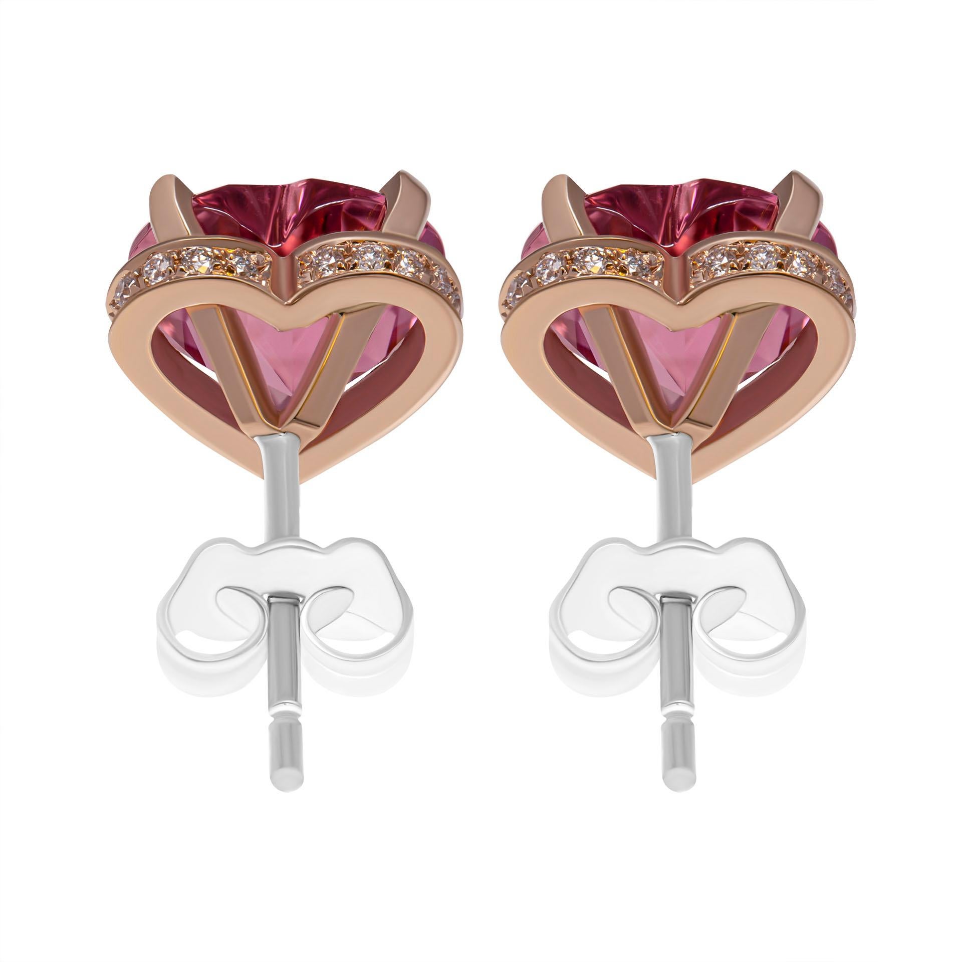 Modern Earrings 14k Rose Gold Heart Shape Diamond Pink Tourmaline For Sale